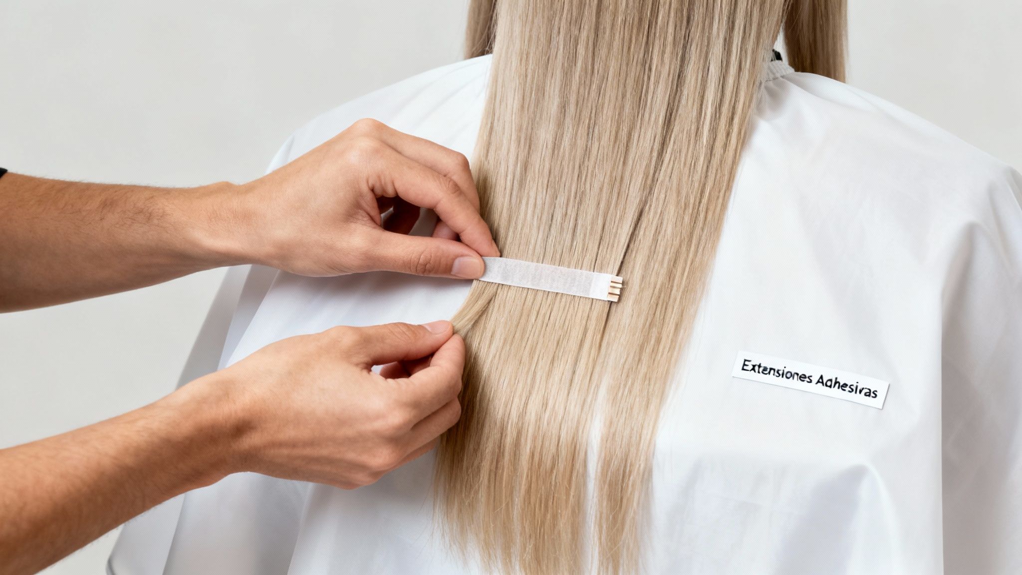 Manos aplicando extensiones adhesivas a cabello rubio largo sobre una capa blanca en un salón.