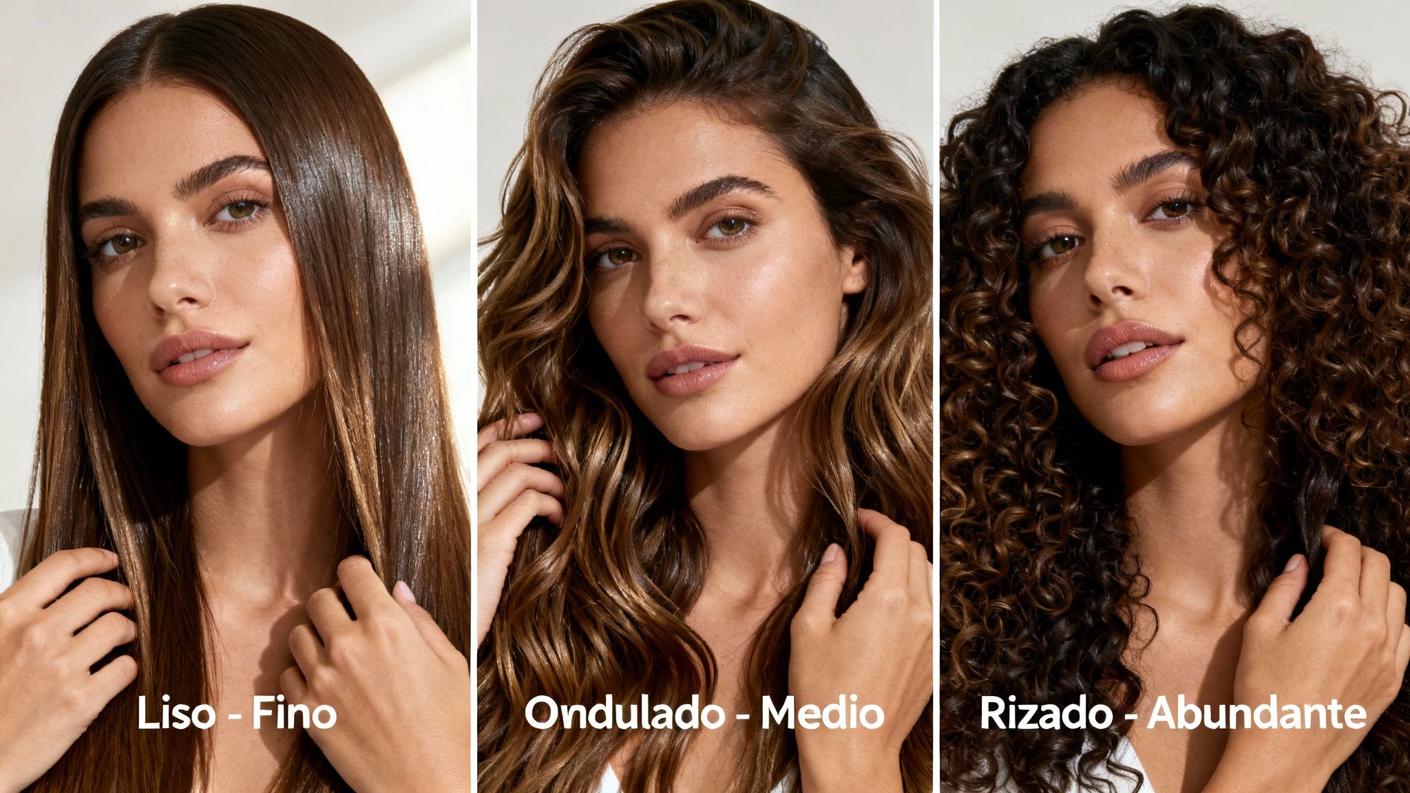 Tres mujeres muestran diferentes tipos de cabello: liso y fino, ondulado y medio, y rizado y abundante.
