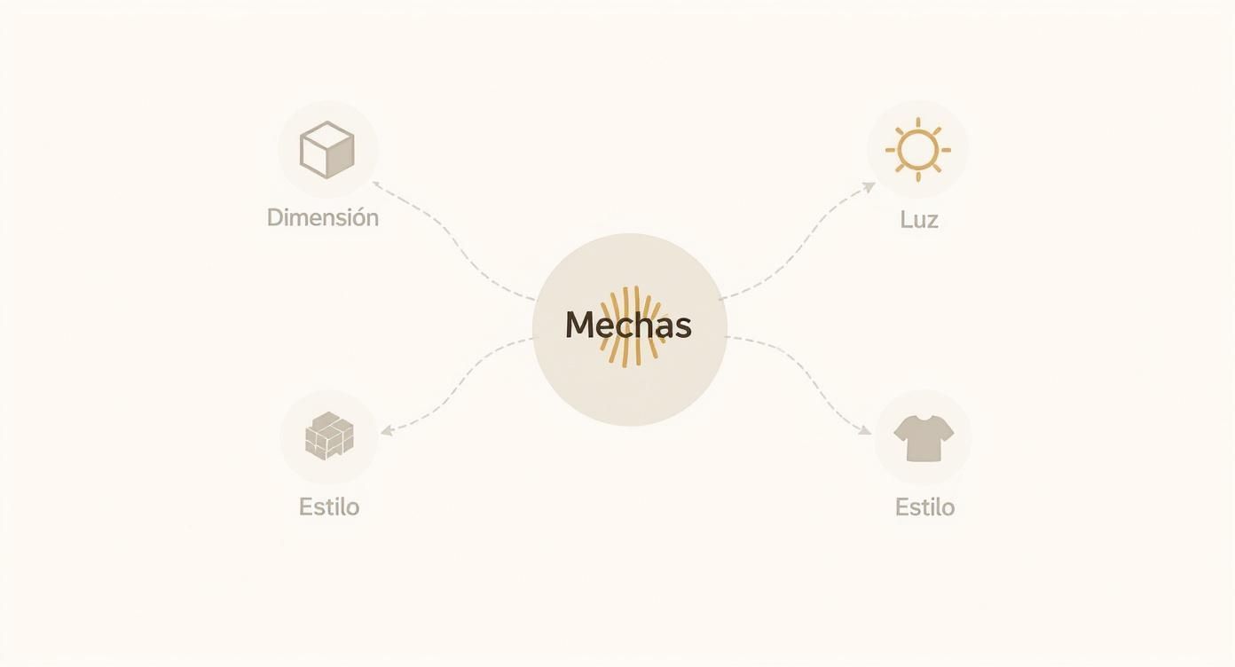 Diagrama de conceptos sobre mechas, mostrando sus relaciones con dimensión, luz y estilo en un mapa mental.