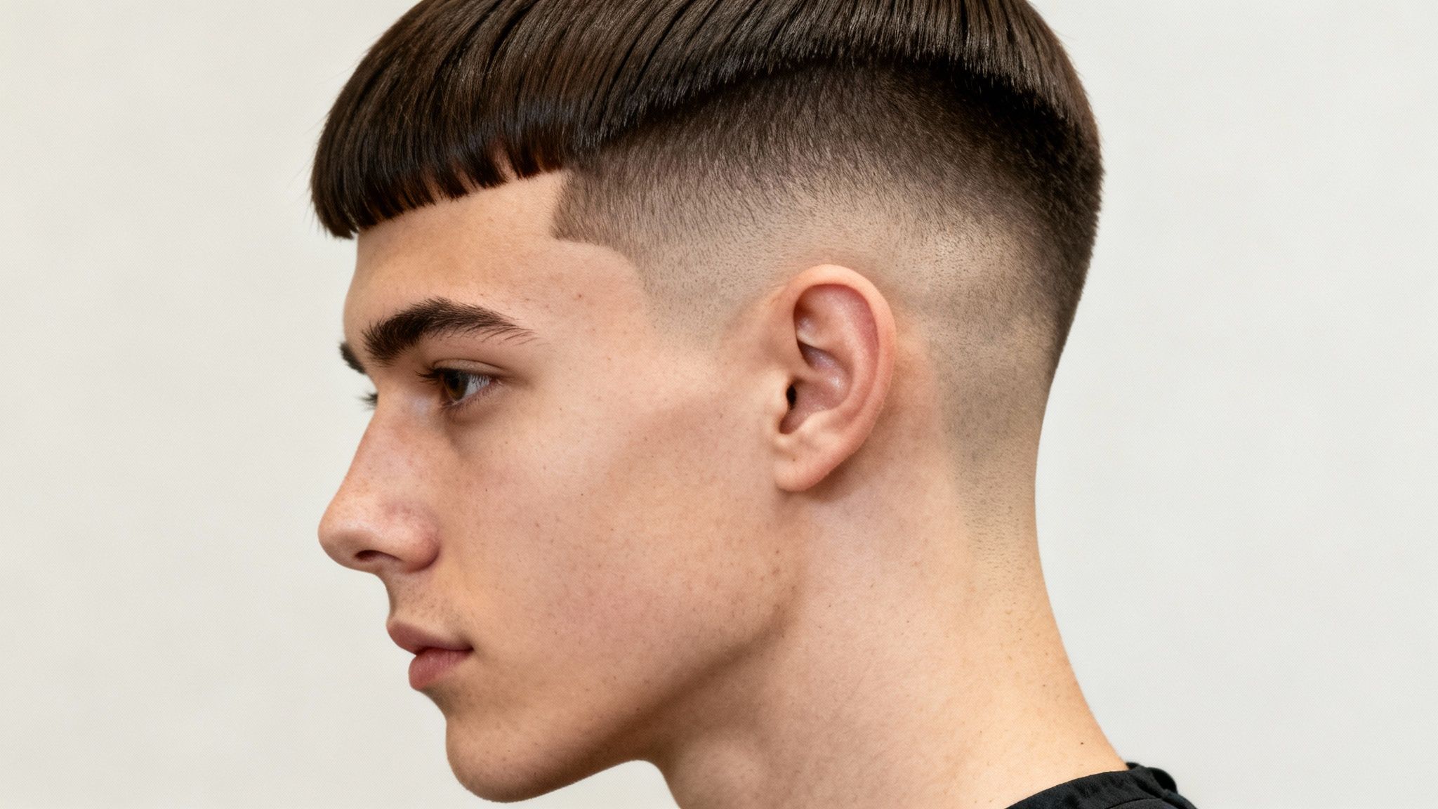 Primer plano de un joven con peinado moderno: flequillo recto y degradado alto.