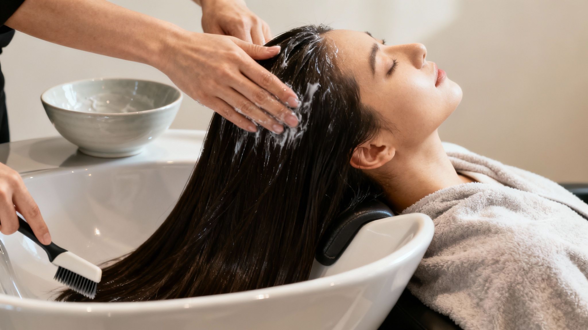 Mujer relajándose mientras un estilista lava y aplica producto en su cabello en una peluquería.