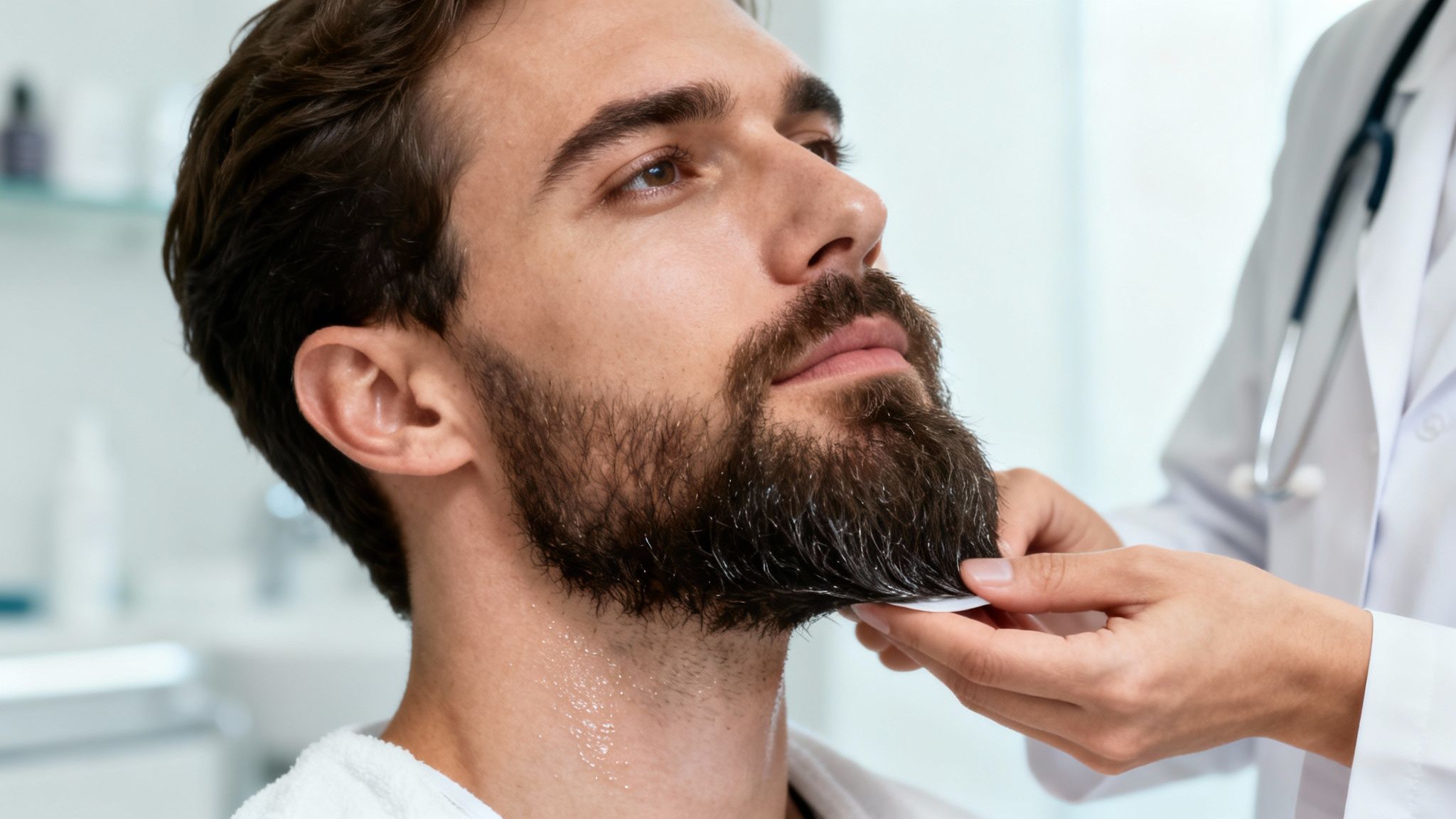 Hombre con barba recibiendo un tratamiento profesional para su barba o rostro.