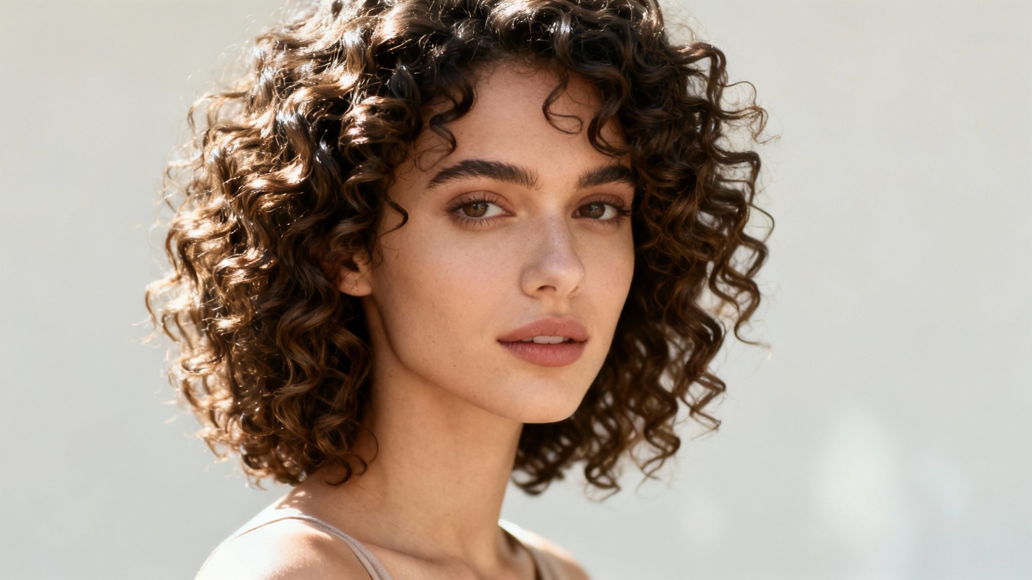 Primer plano de una mujer joven con cabello rizado castaño y ojos expresivos mirando a cámara.