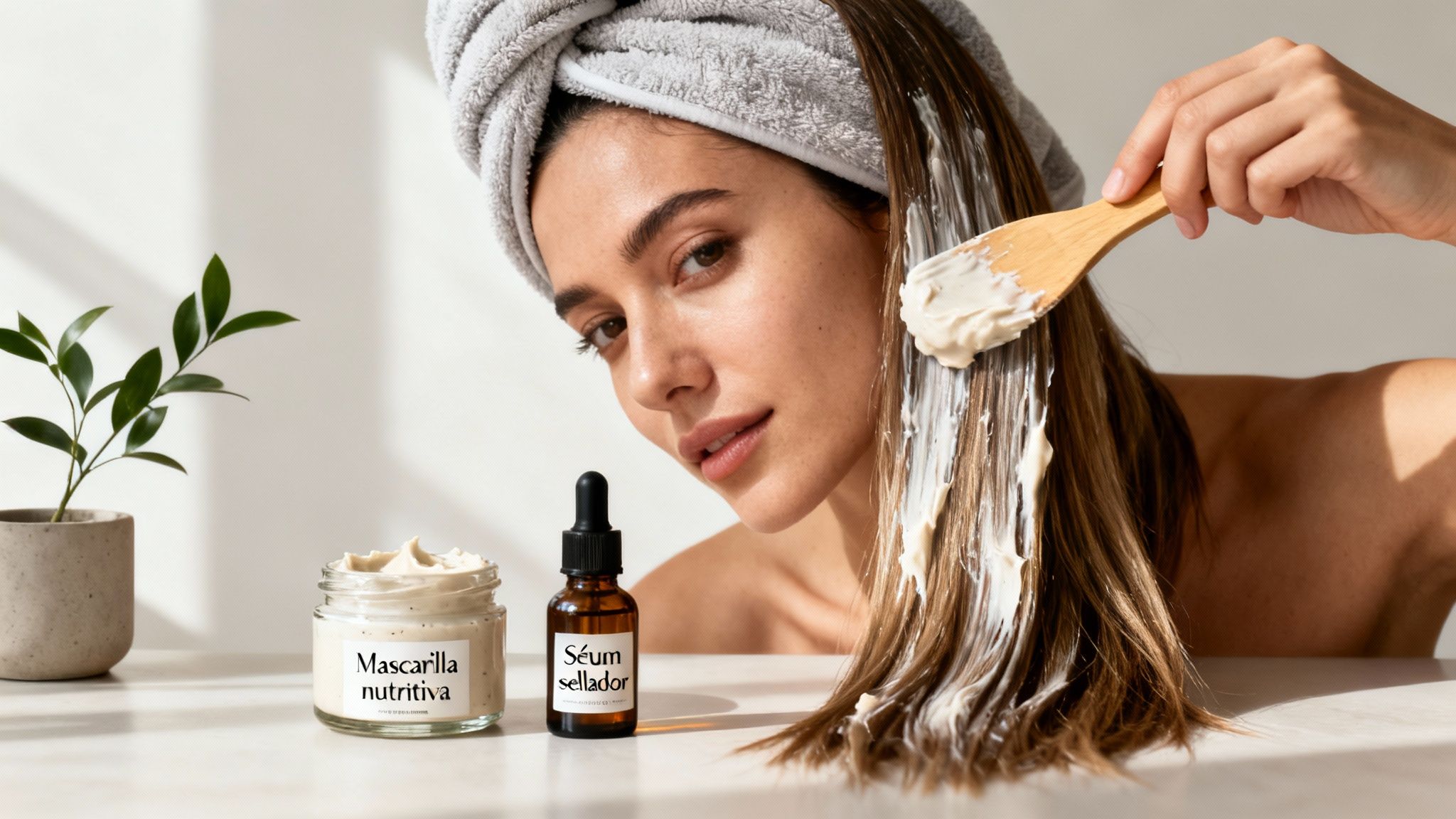 Mujer joven con toalla en el pelo aplicando mascarilla nutritiva con una espátula de madera, junto a un sérum sellador.