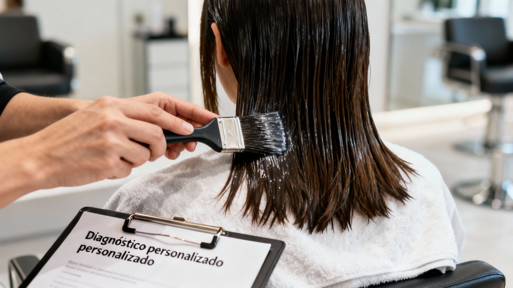 Estilista aplicando tratamiento de brillo al cabello mojado de una clienta en salón de belleza.