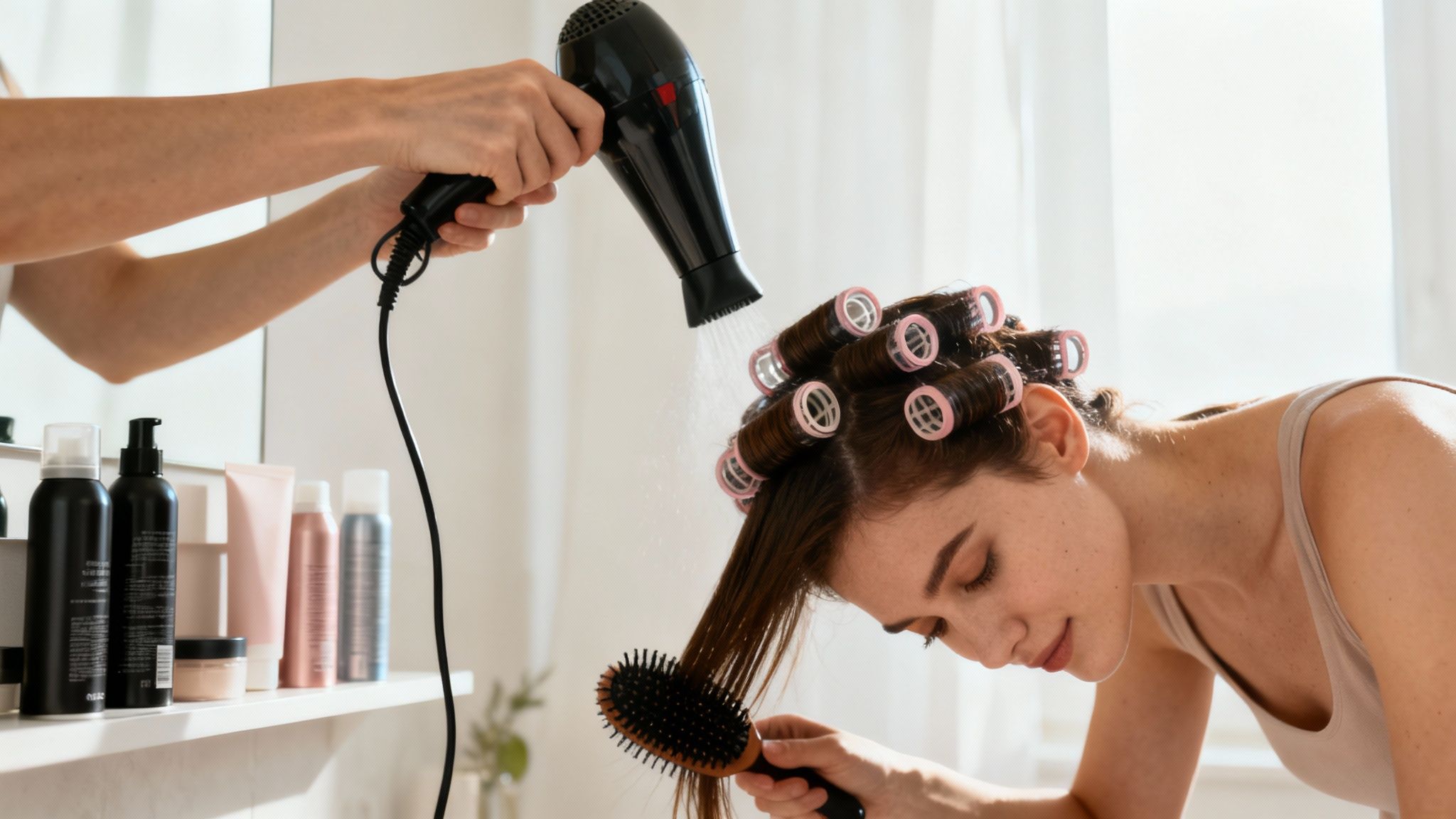Mujer con pelo voluminoso moviéndolo al aire libre