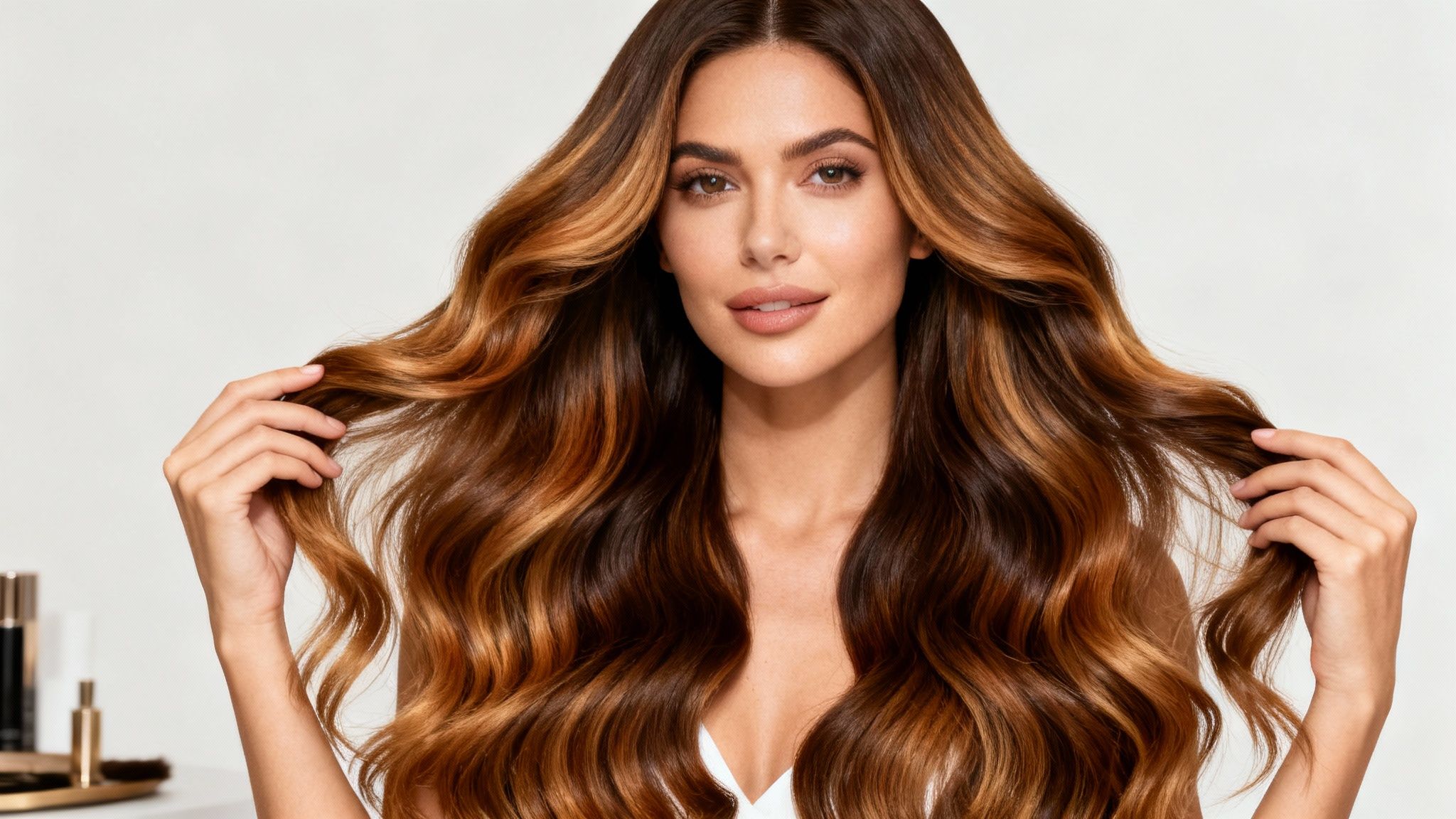 Mujer joven sonriente con cabello largo, castaño y ondulado con mechas rubias, tocando su pelo.