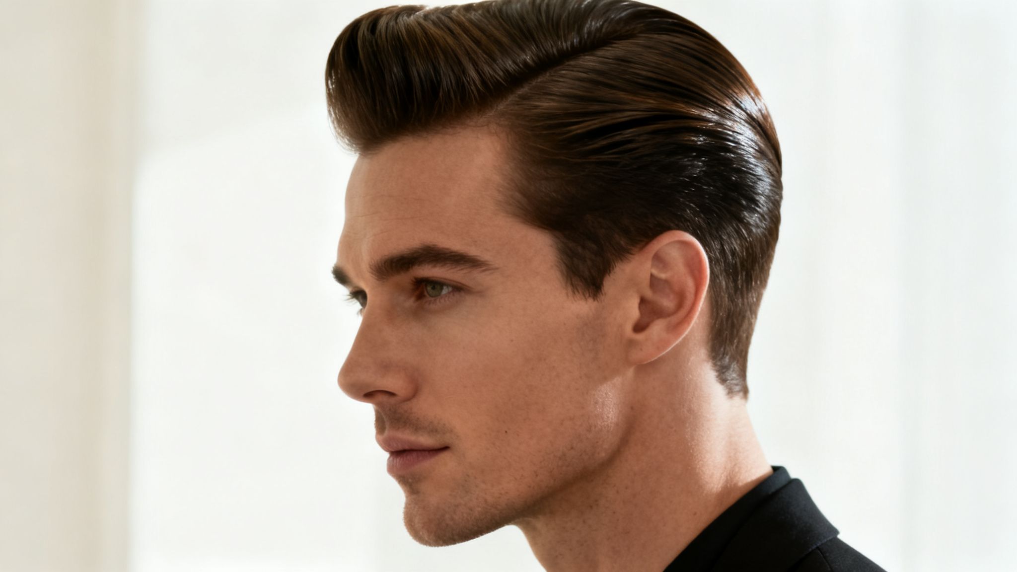 Perfil de un hombre caucásico con un peinado moderno y brillante, mirando hacia la izquierda.