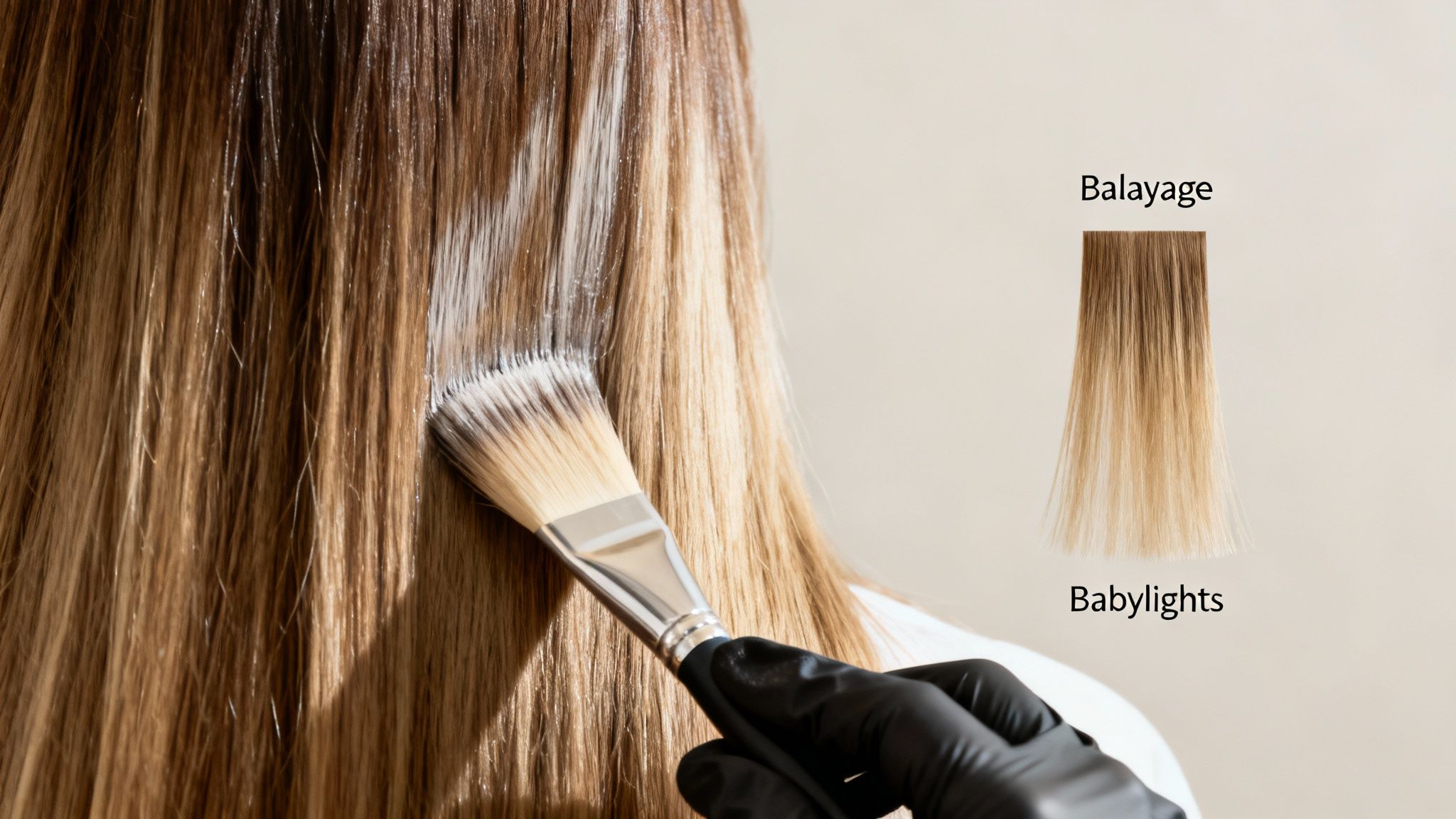Una persona aplica tinte a pelo largo, con muestras de balayage y babylights para comparar.