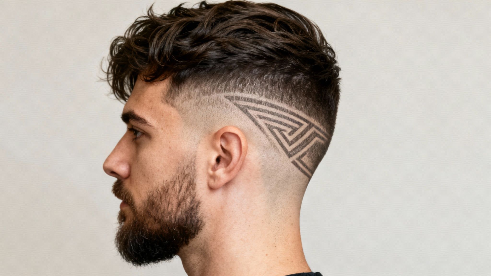Hombre de perfil con corte de cabello moderno degradado y diseño geométrico lateral con barba