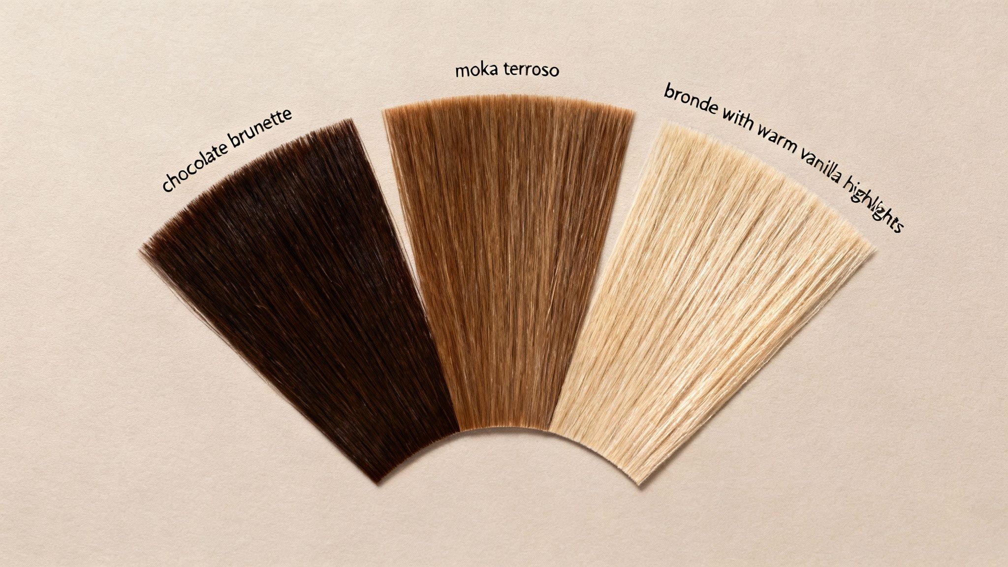 Tres muestras de cabello: moreno chocolate, moka terroso y rubio con reflejos cálidos vainilla, sobre fondo claro.