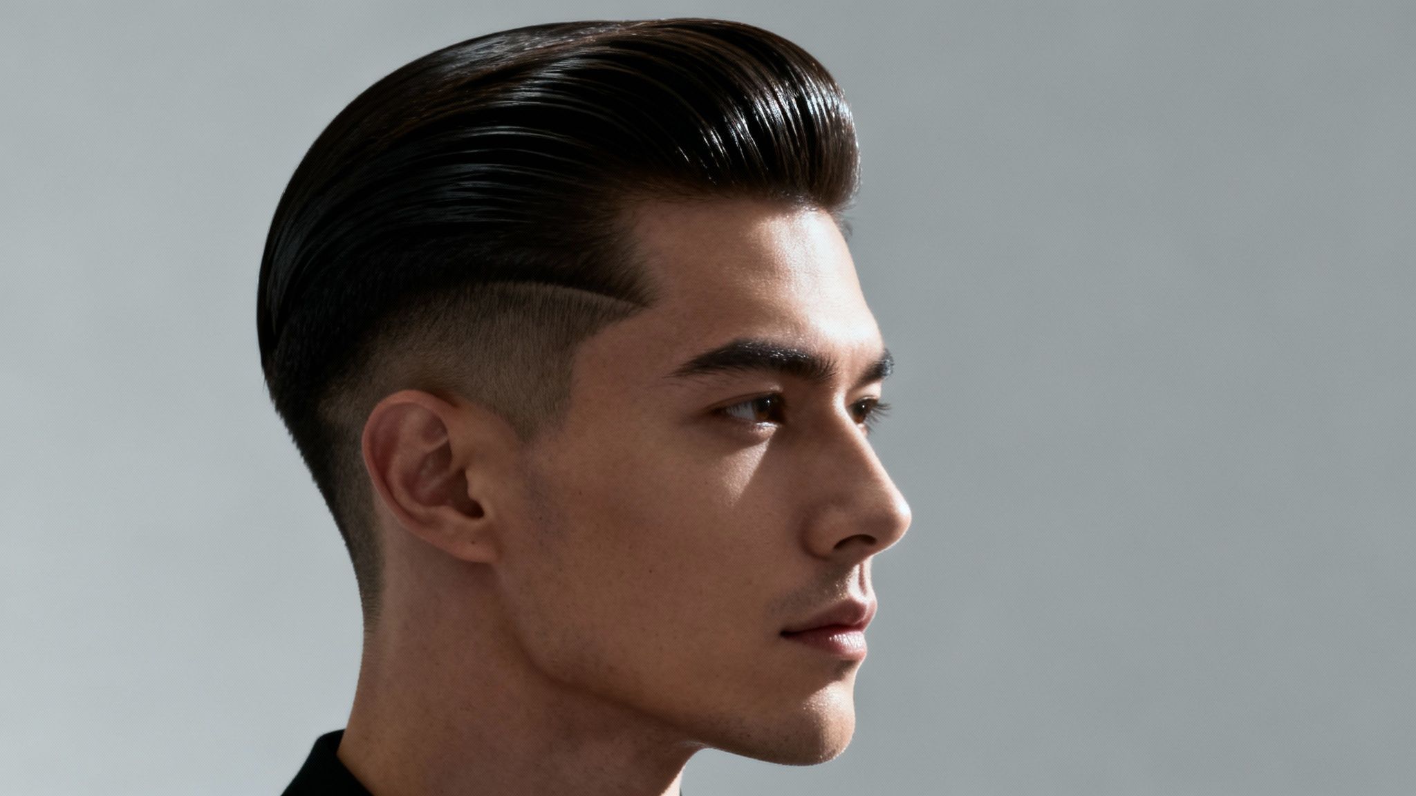 Hombre joven con peinado moderno tipo pompadour con degradado en los laterales sobre fondo gris
