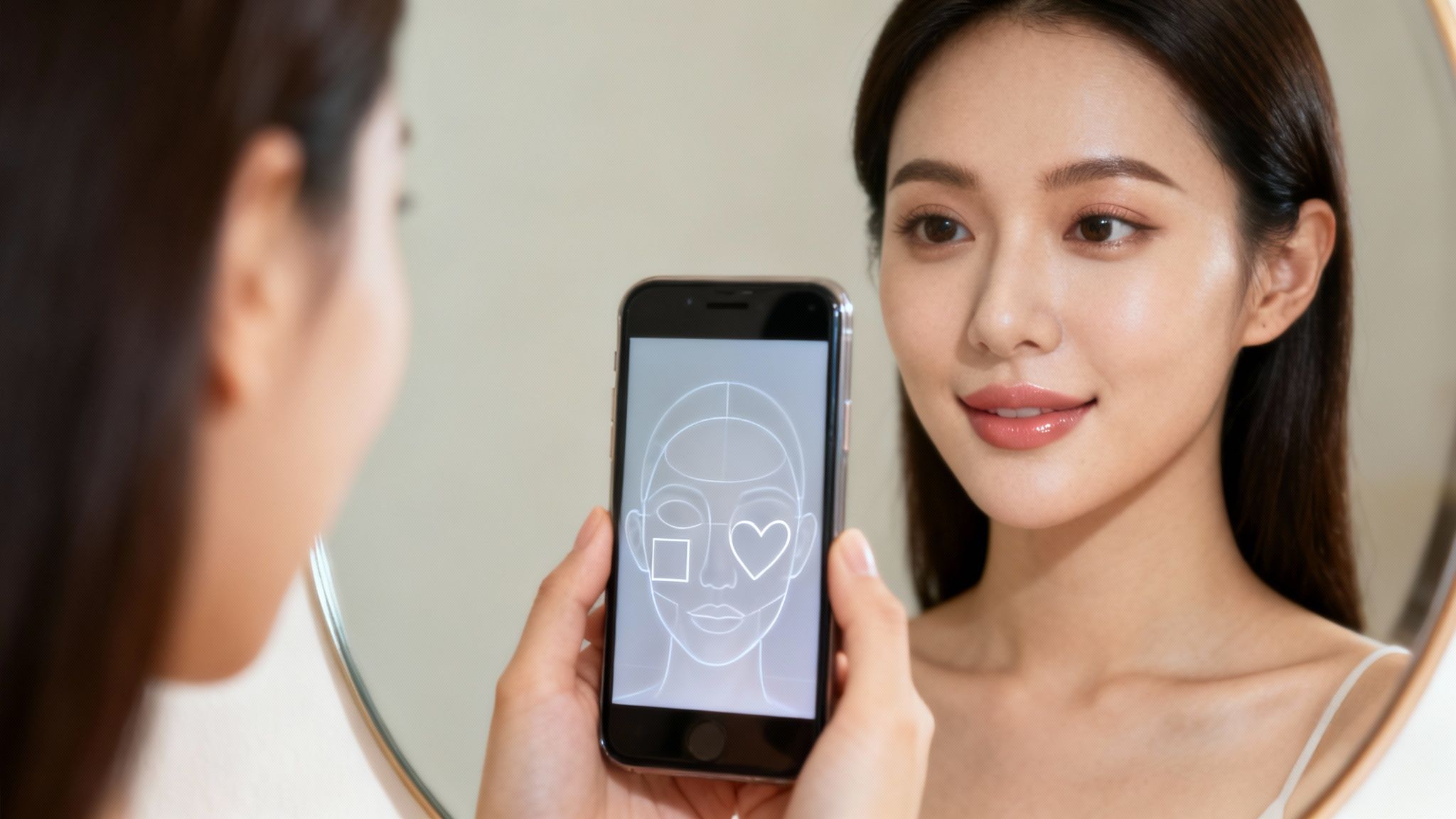 Una mujer asiática se mira en un espejo, usando una aplicación de análisis facial en su teléfono.