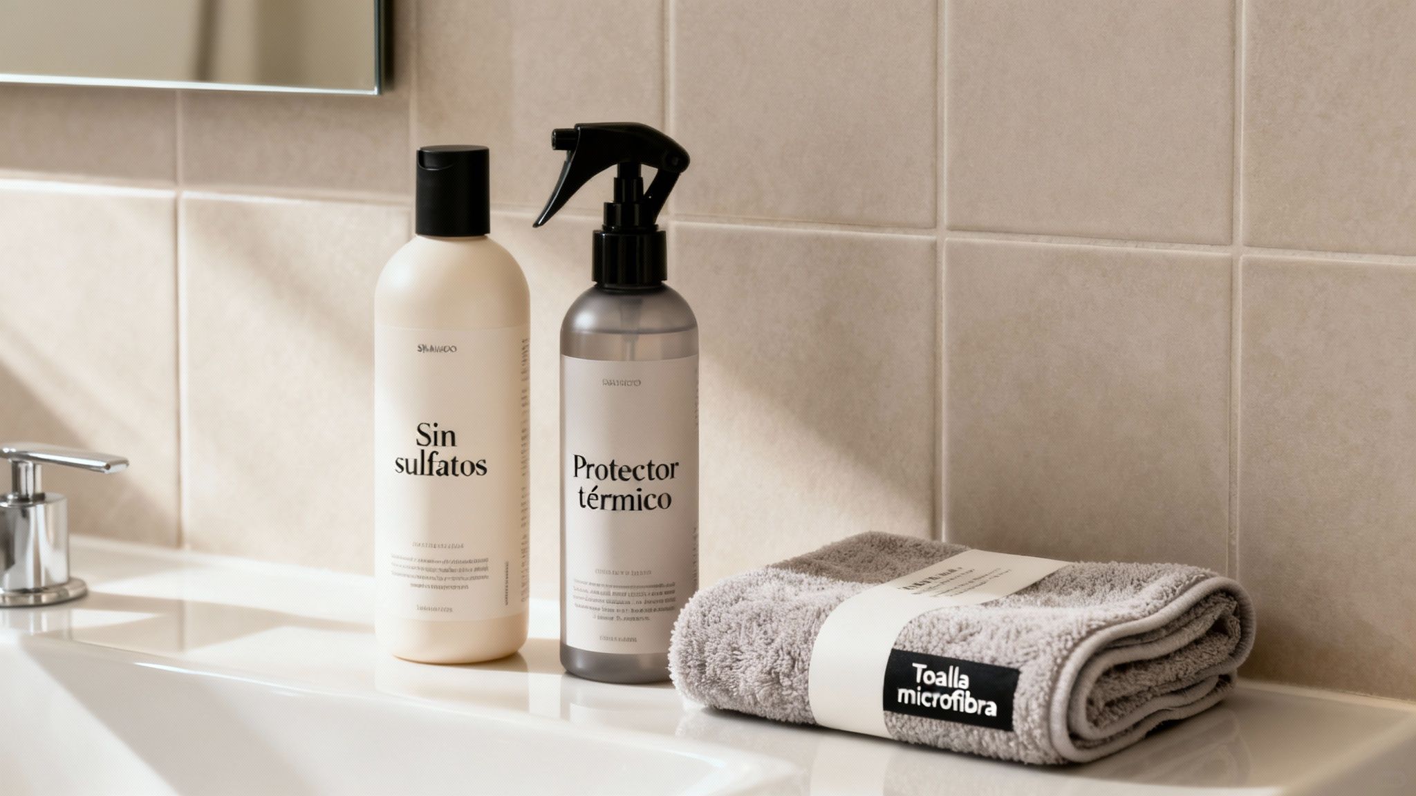 Botellas de champú sin sulfatos y protector térmico junto a una toalla de microfibra en un baño.