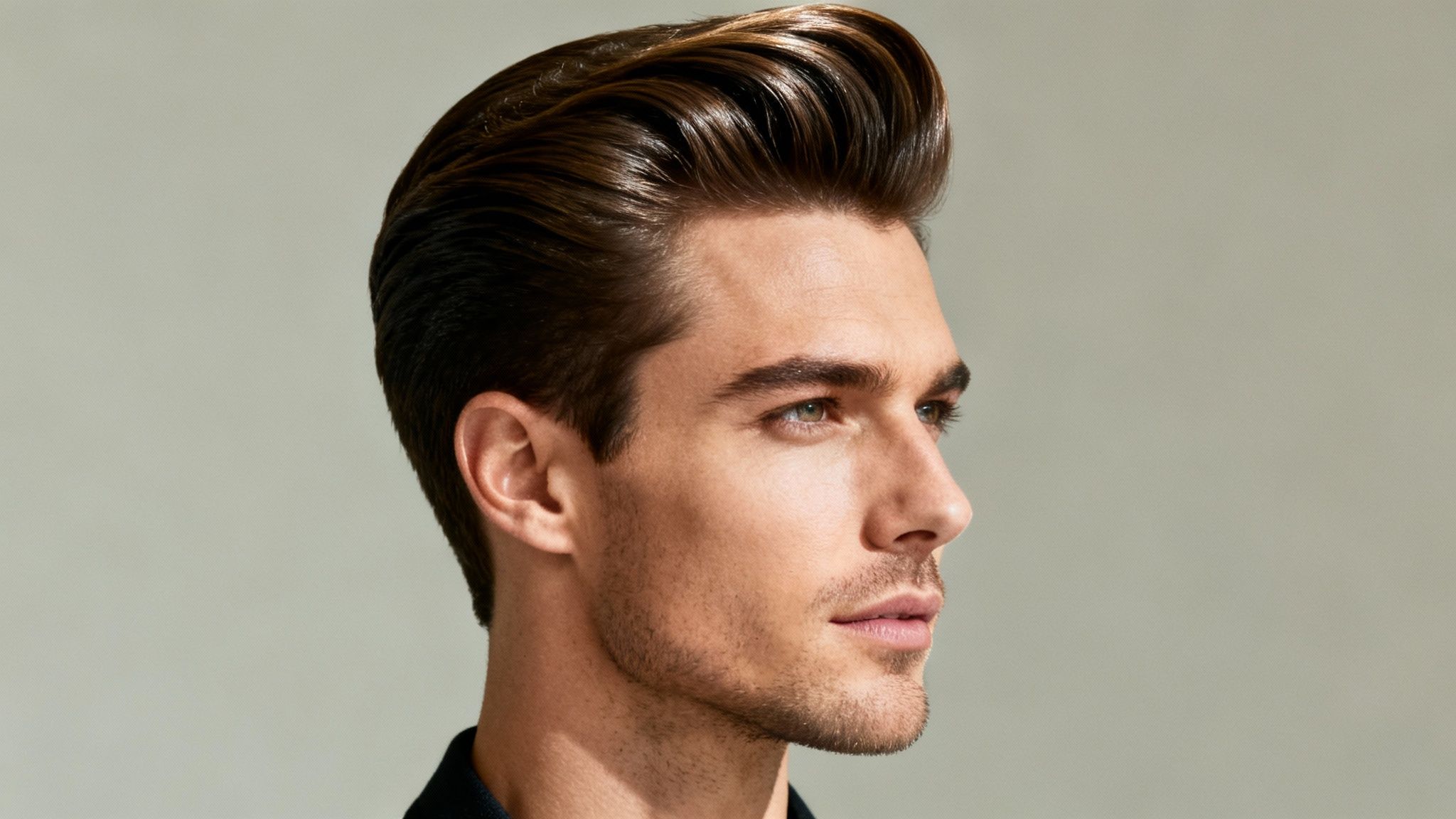 Hombre atractivo con cabello castaño brillante, peinado en un estilo pompadour moderno, mirando de perfil.
