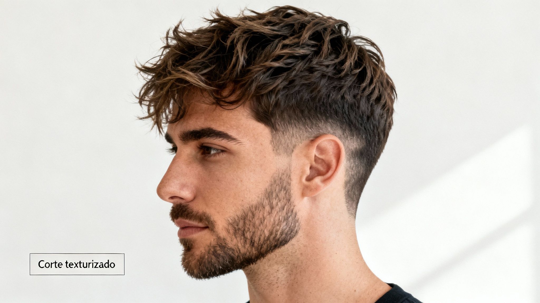 Hombre joven con un moderno corte de pelo texturizado y degradado, barba cuidada, mirando a la izquierda.