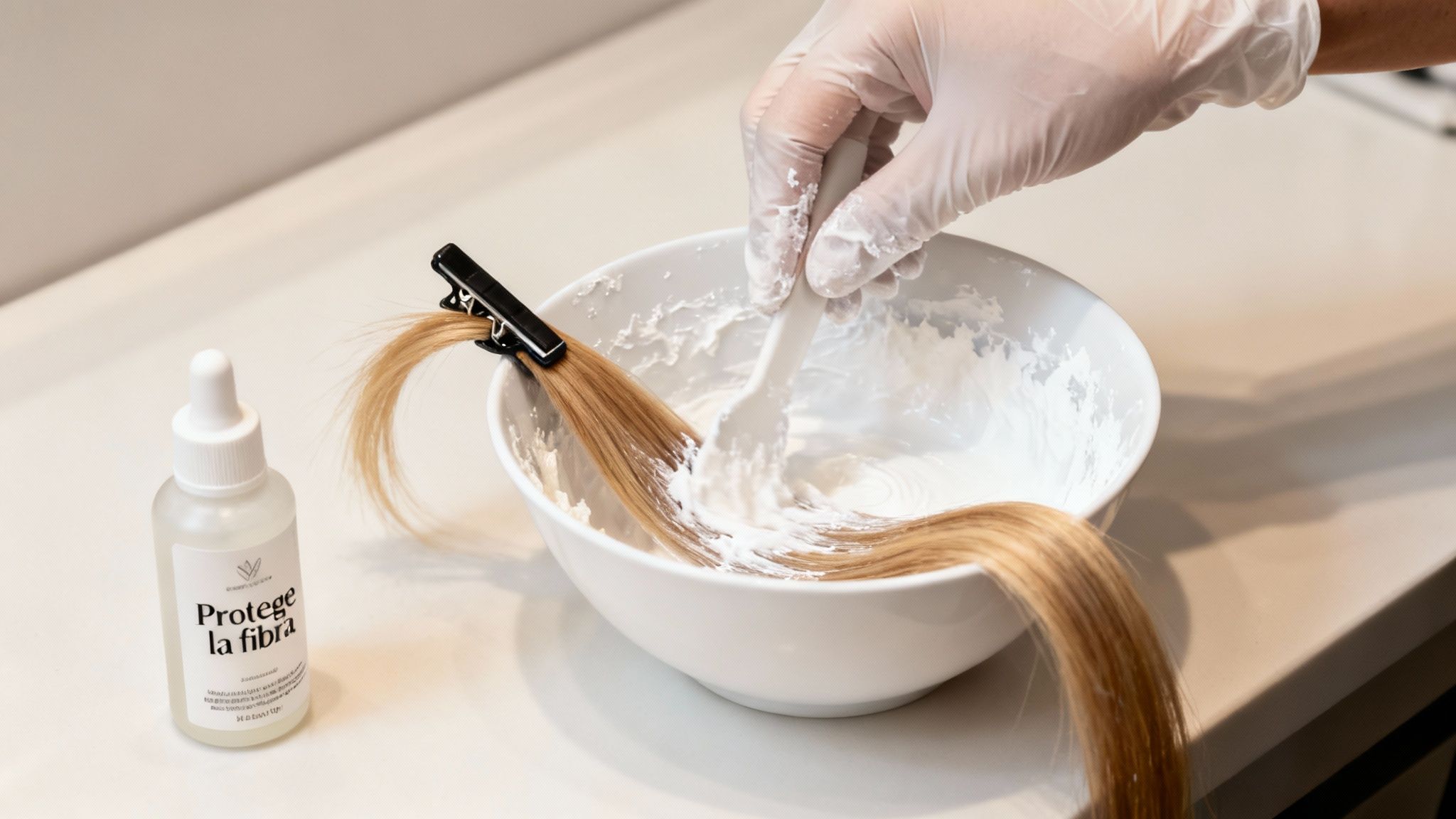 Mano enguantada aplica producto blanqueador a un mechón de cabello rubio, junto a una botella protectora.