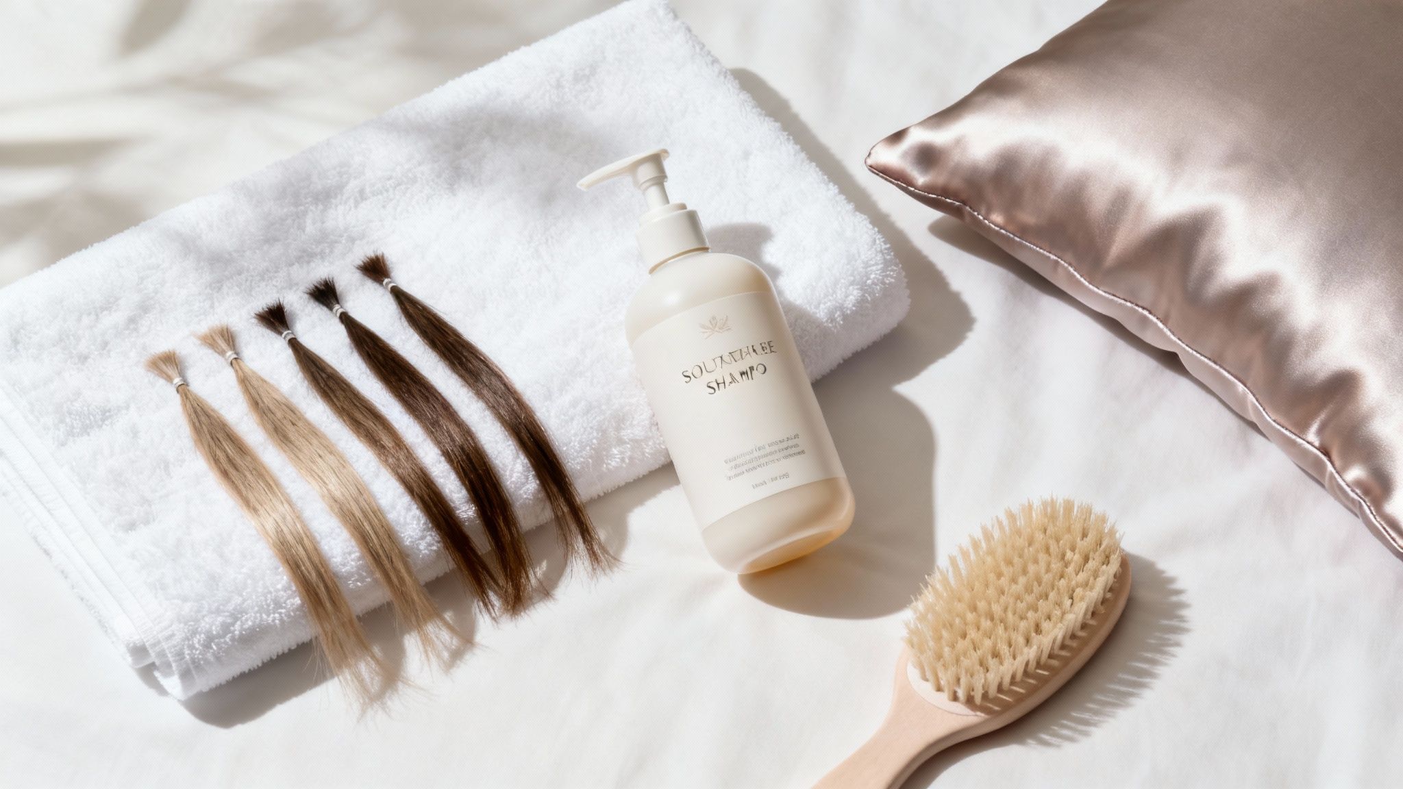 Muestras de extensiones de cabello en diferentes tonos sobre toalla blanca con shampoo y cepillo natural