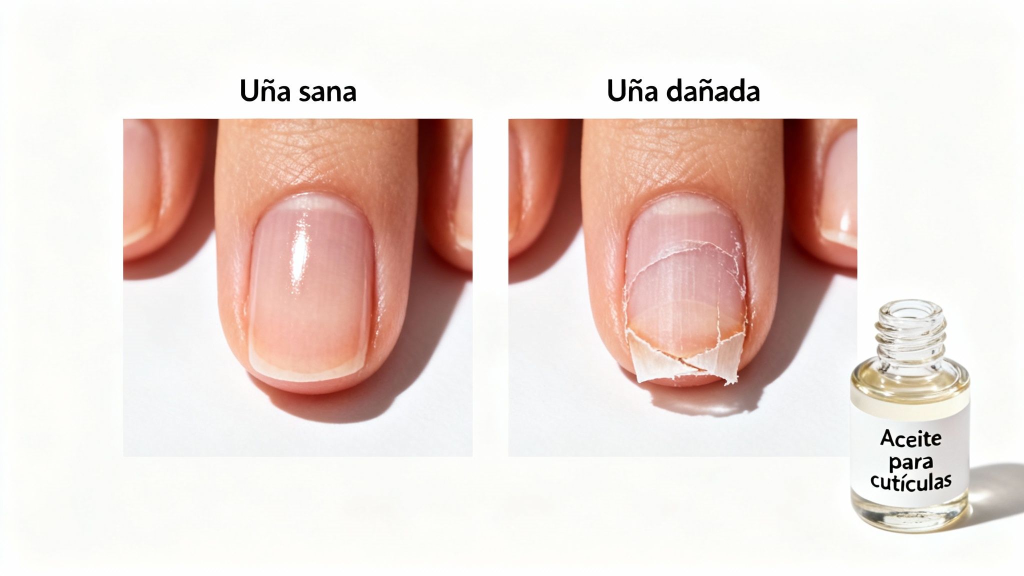Comparación de una uña sana y una uña dañada, junto a aceite para cutículas.