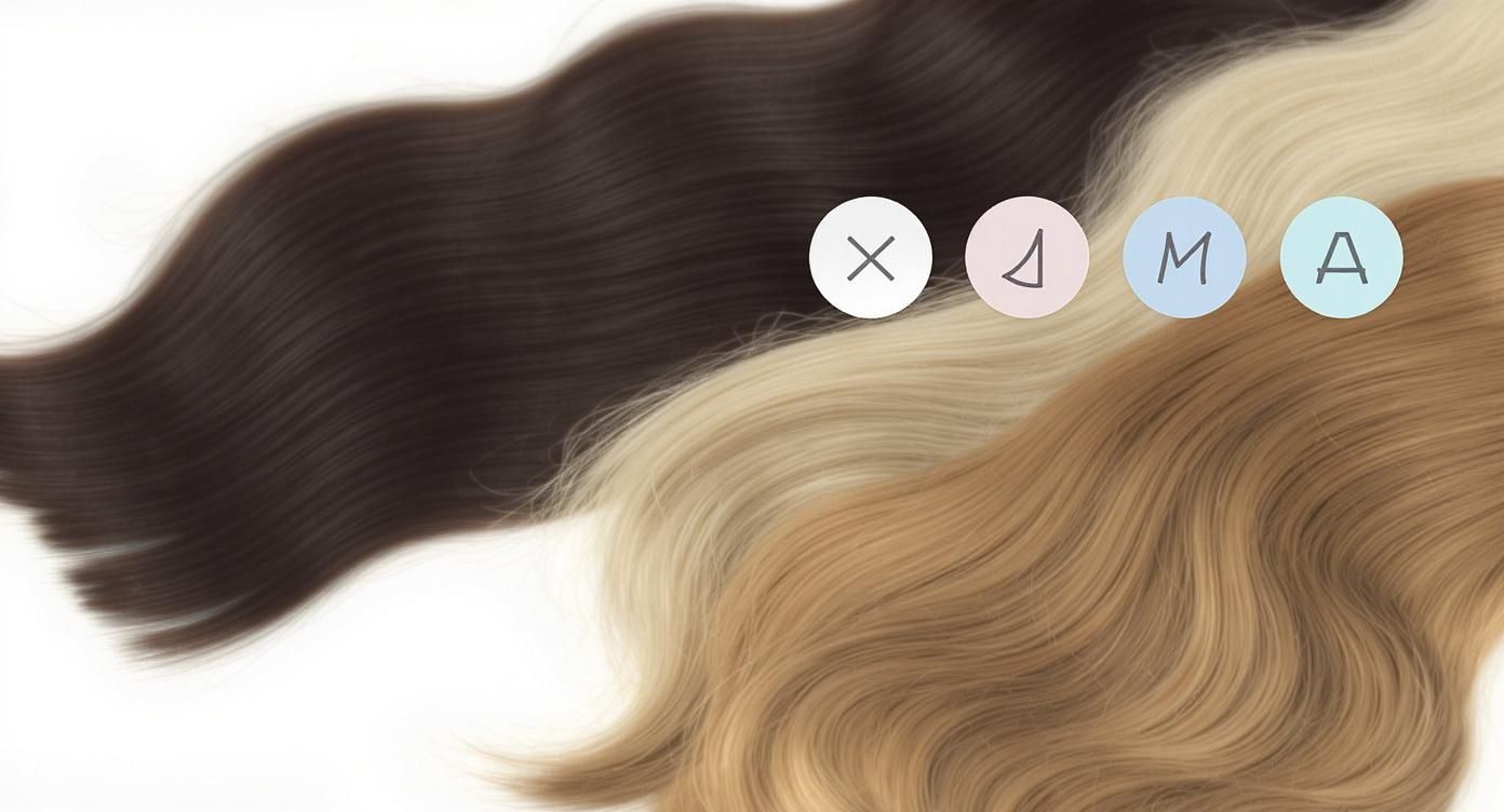 Mechones de cabello ondulado en tonos oscuro, rubio claro y rubio dorado, con iconos de selección.