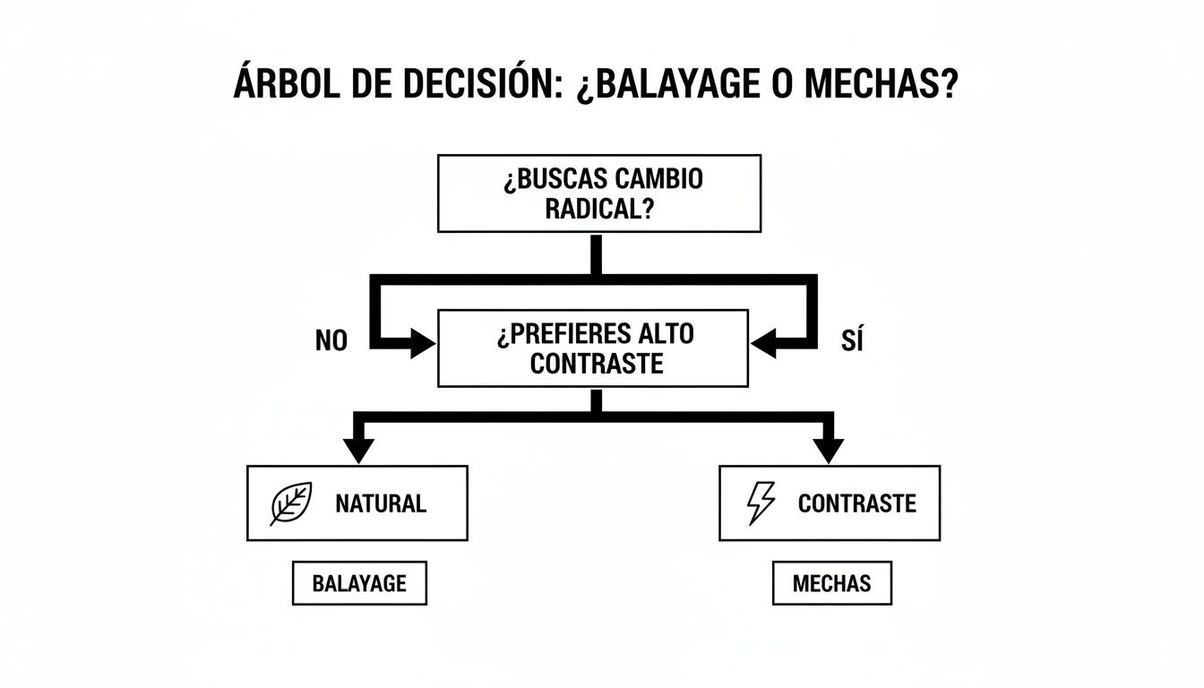 Árbol de decisión para elegir entre balayage y mechas, basado en la preferencia por cambio radical o alto contraste.