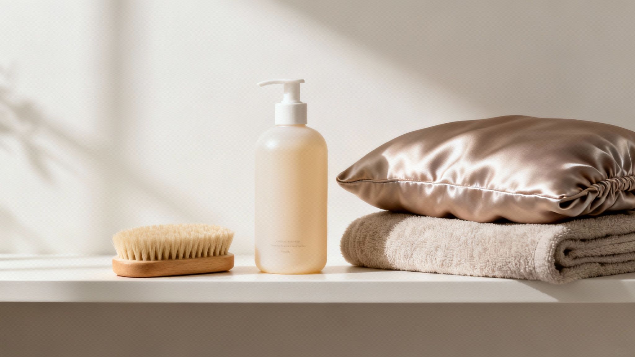 Productos de cuidado capilar con cepillo, botella dispensadora y toallas sobre superficie blanca minimalista