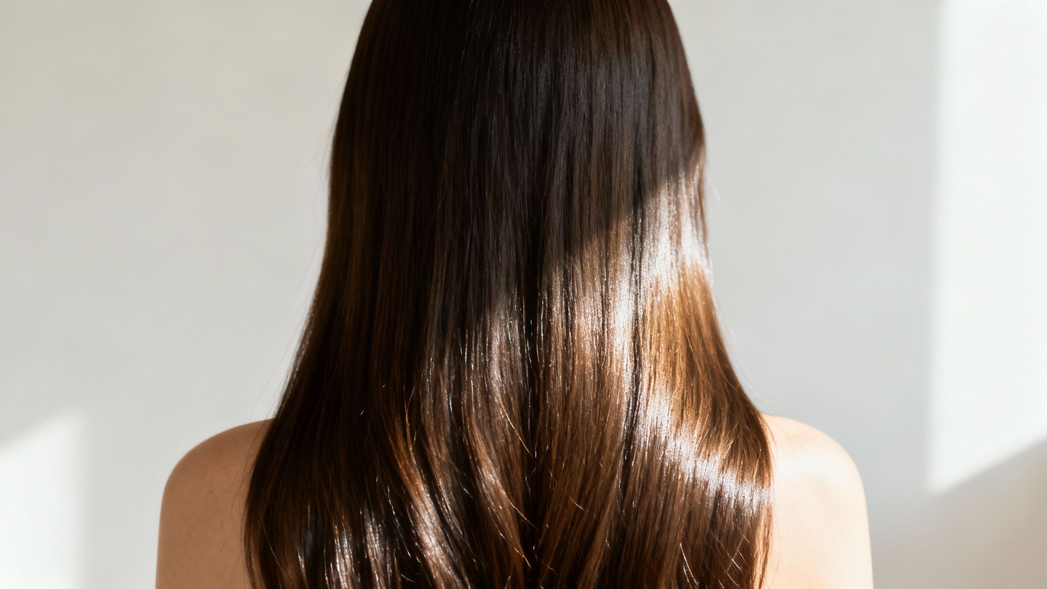 Mujer con cabello muy suave y brillante mostrando los resultados de un tratamiento de keratina