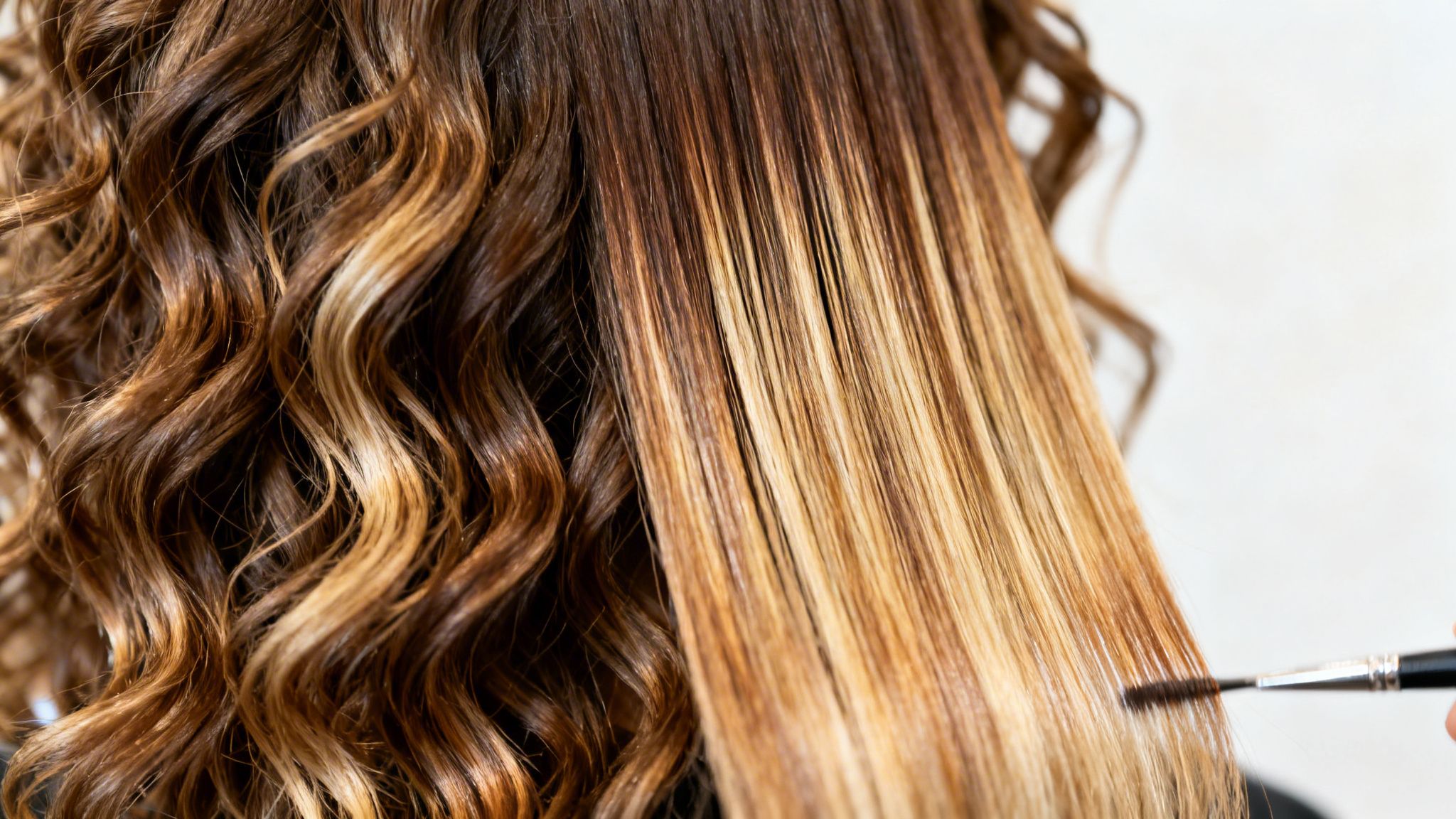 Cabello rizado y liso, mostrando un antes y después con reflejos rubios y un cepillo aplicando producto.