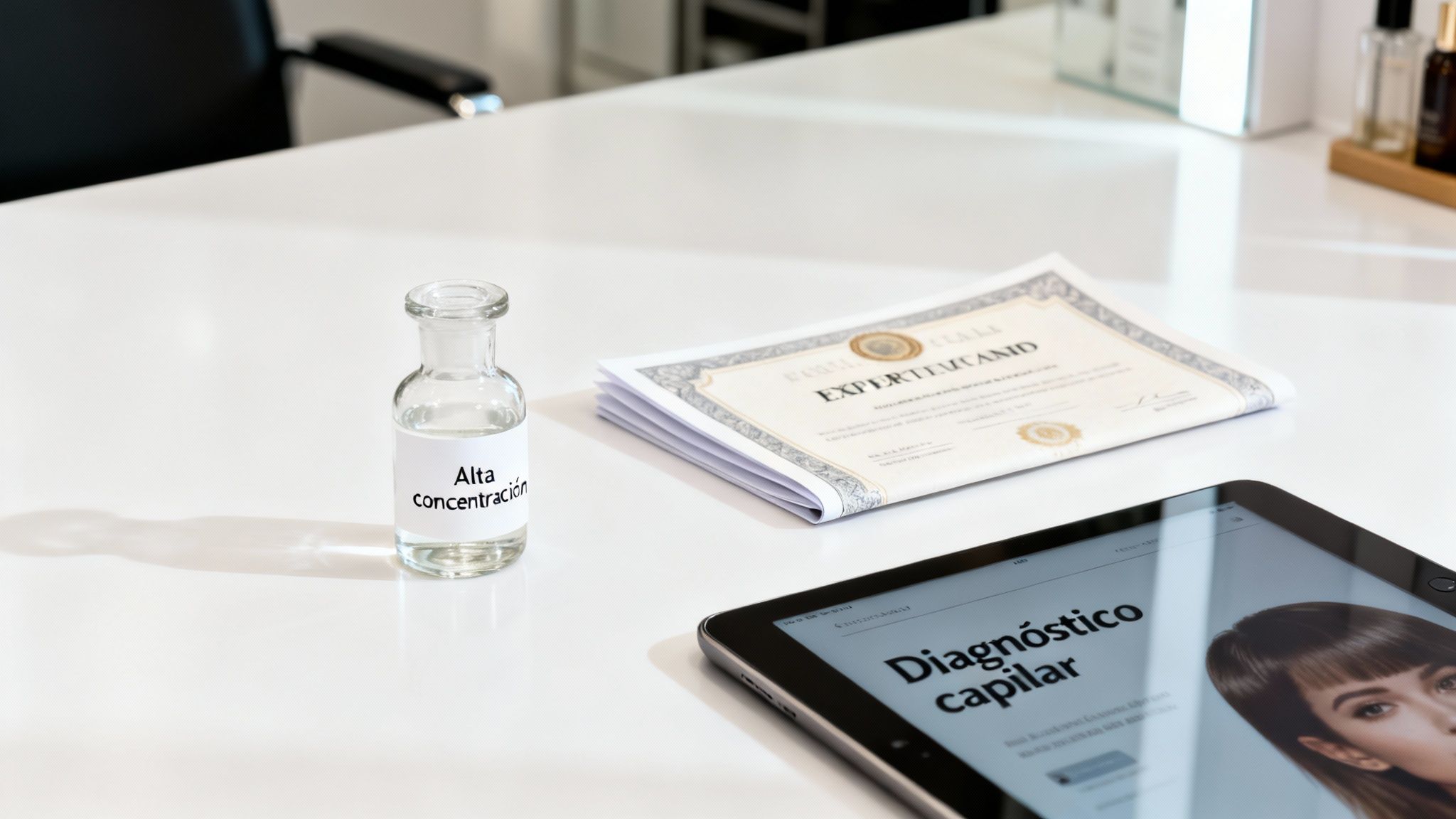 Mesa blanca con una botella de 'Alta concentración', certificados y una tablet mostrando 'Diagnóstico capilar' en un salón.