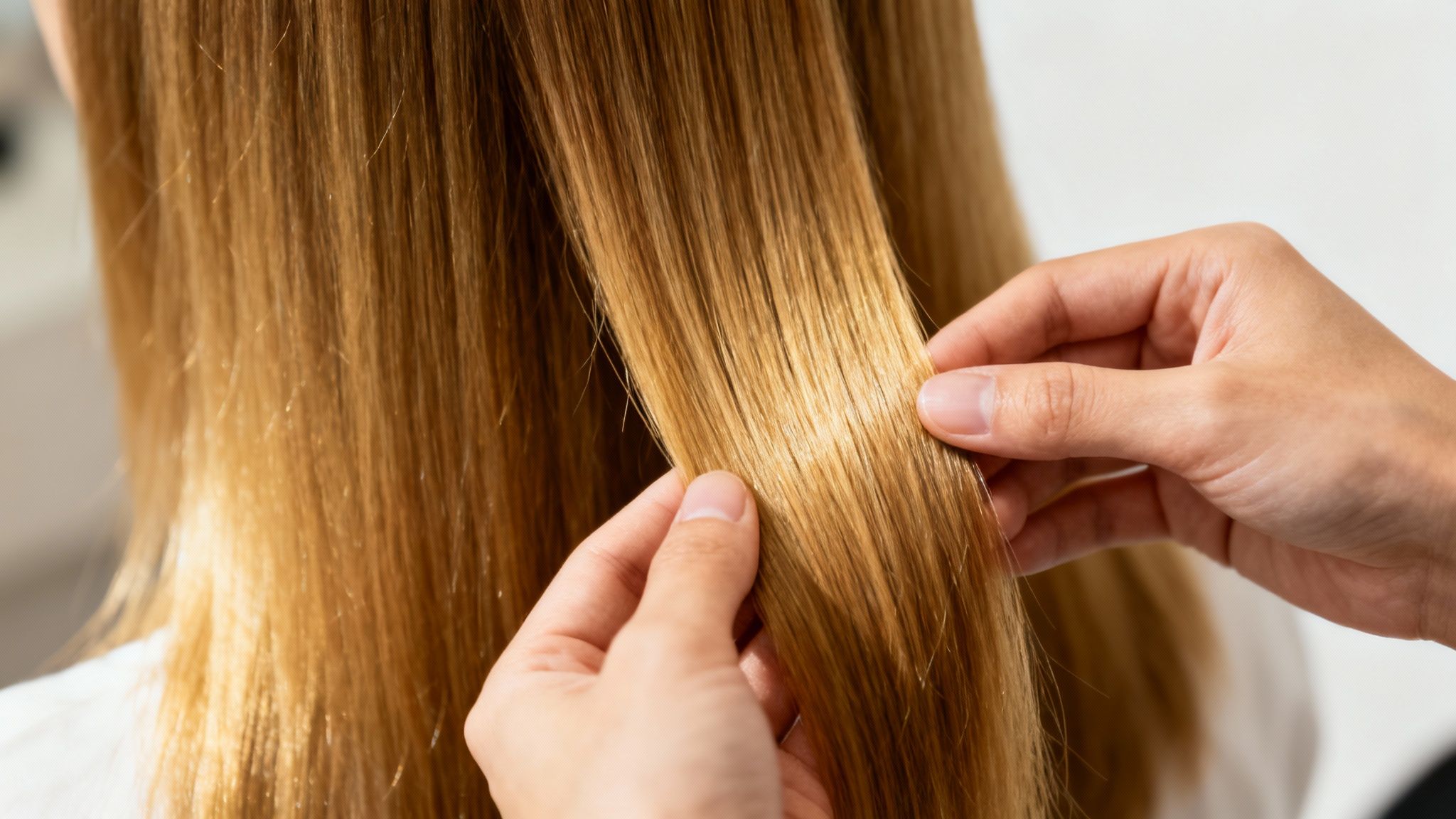 Manos mostrando mechón de cabello rubio liso y brillante con extensiones capilares de calidad