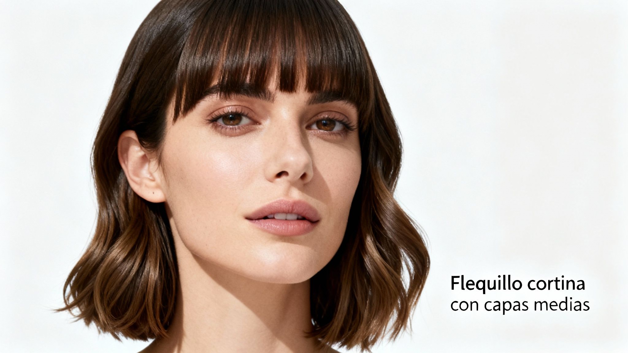 Mujer joven con pelo castaño ondulado, flequillo cortina y capas medias, mirando al frente.