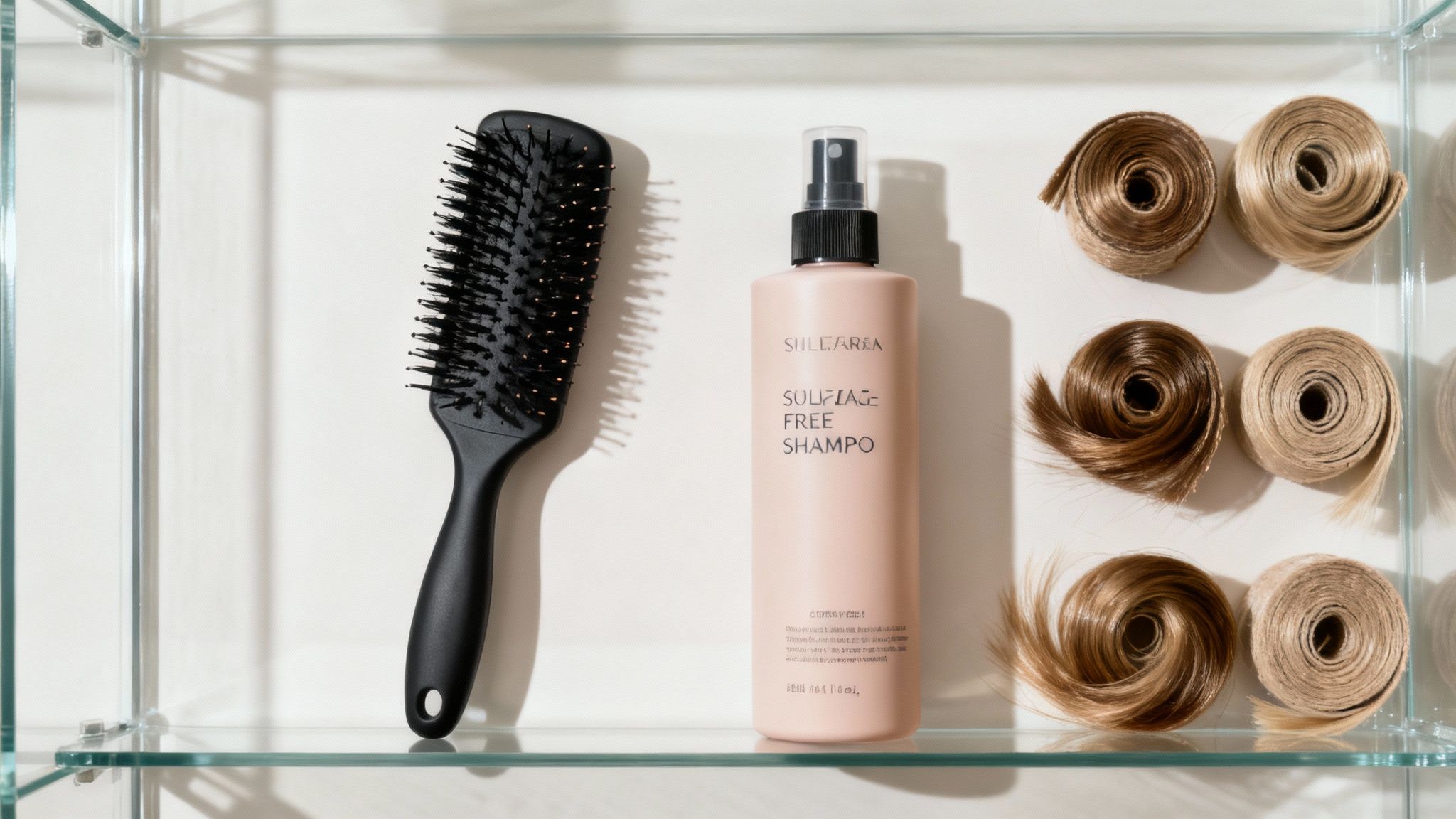 Productos para el cuidado de extensiones de cabello incluyendo champú libre de sulfatos, cepillo y muestras de cabello