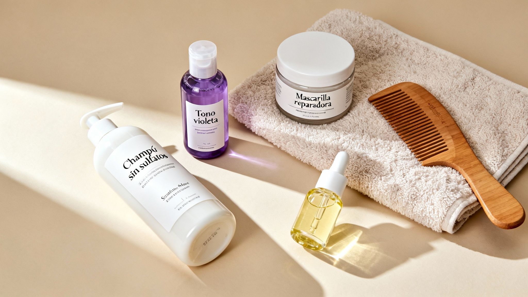 Productos capilares esenciales para cabello teñido o con decoloraciones: champú, tónico, mascarilla y aceite.