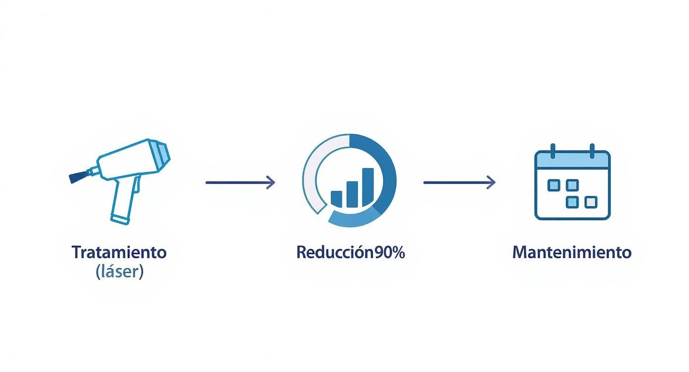 Infografía que muestra el proceso desde el tratamiento láser inicial hasta la reducción del 90% del vello y el mantenimiento ocasional.