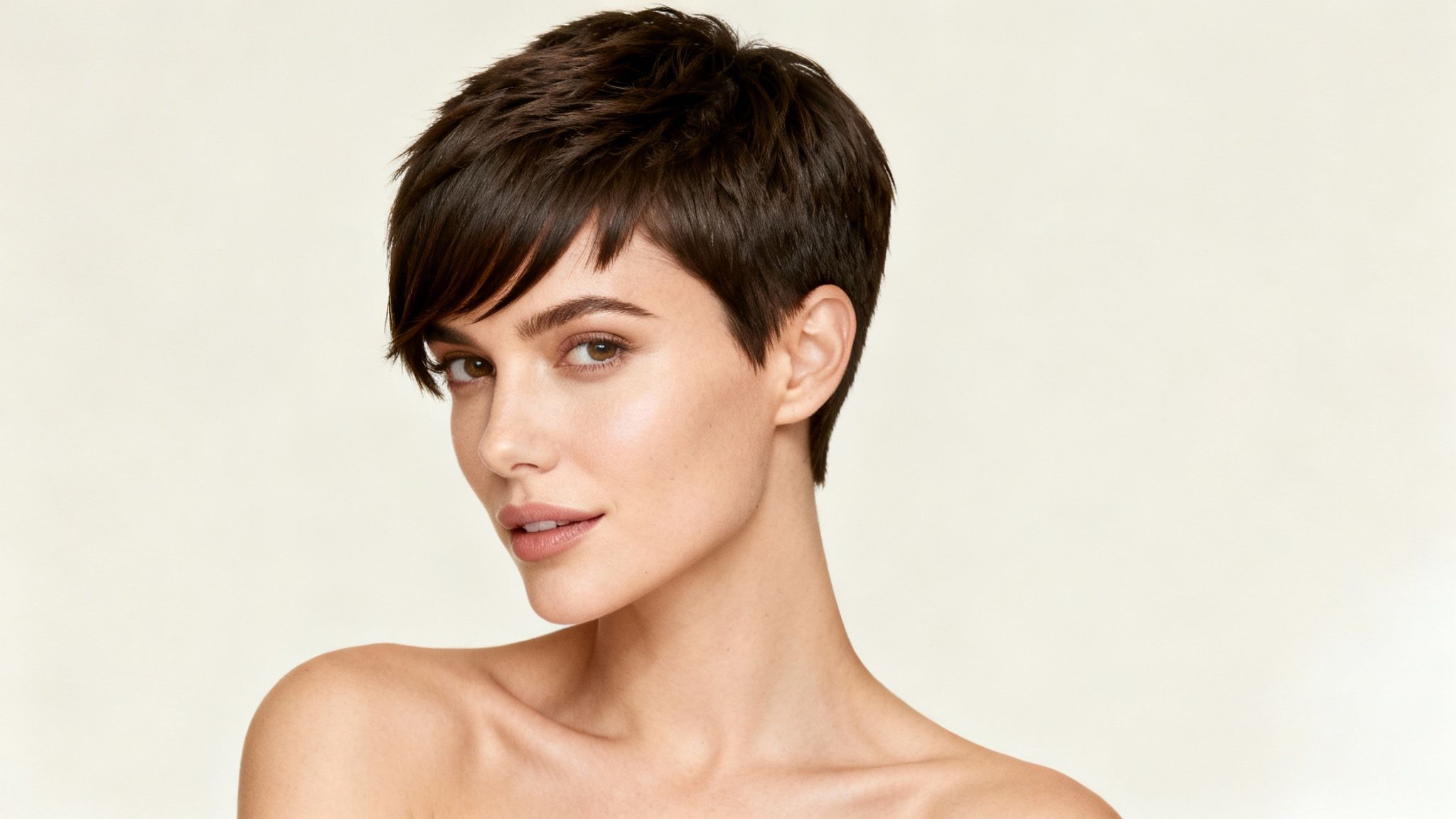 Una mujer con pelo corto y oscuro posa con maquillaje ligero, mirando directamente a la cámara.