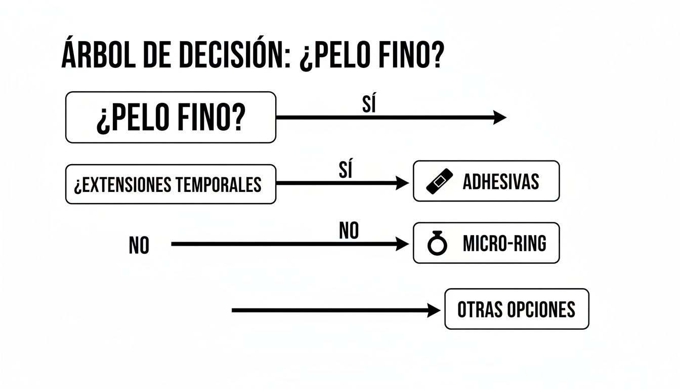 Árbol de decisión sobre extensiones para pelo fino: ¿pelo fino? ¿temporales? adhesivas, micro-ring u otras opciones.