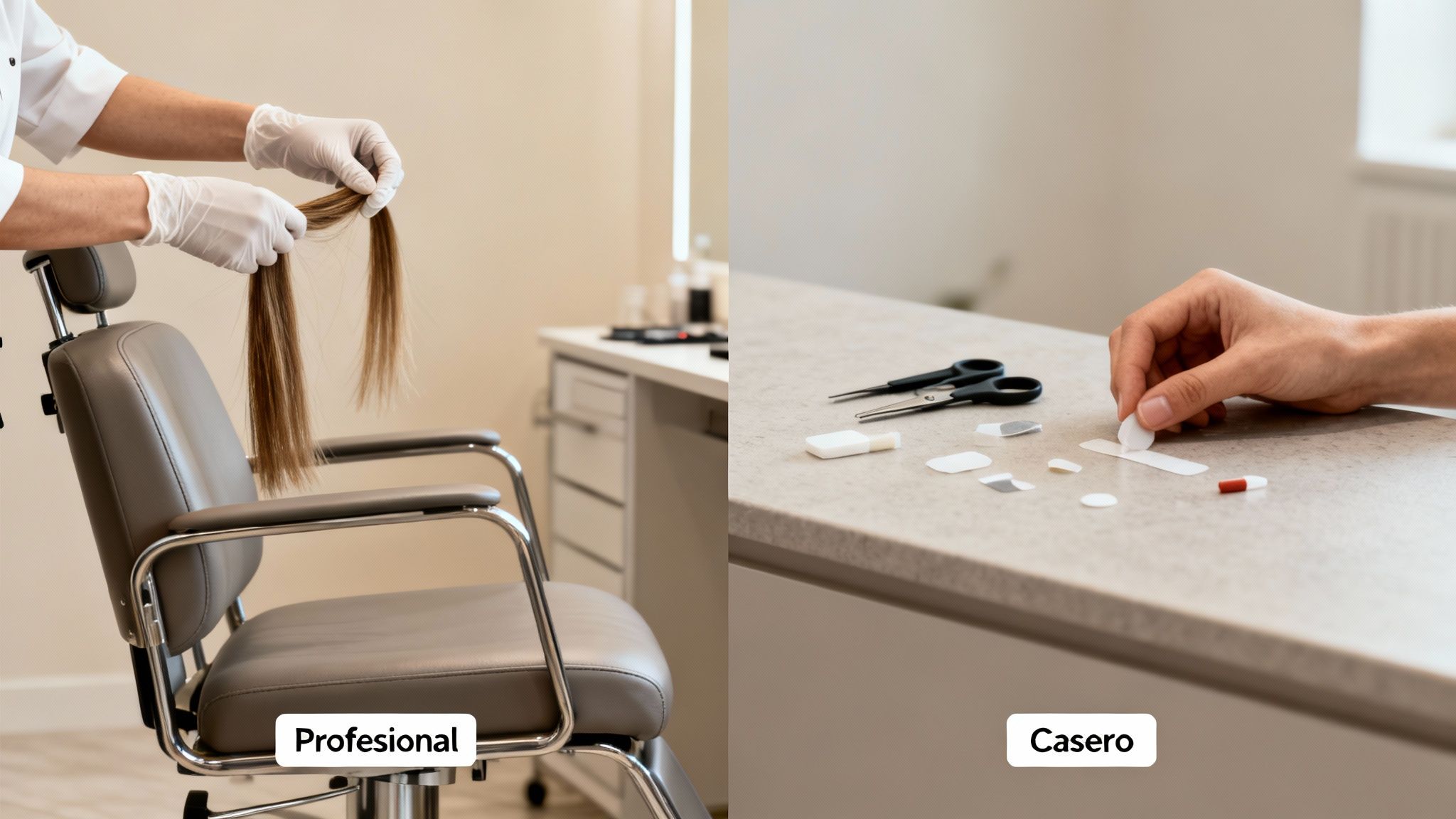 Imagen dividida: un profesional con guantes y extensiones de cabello, y una mano haciendo parches caseros.