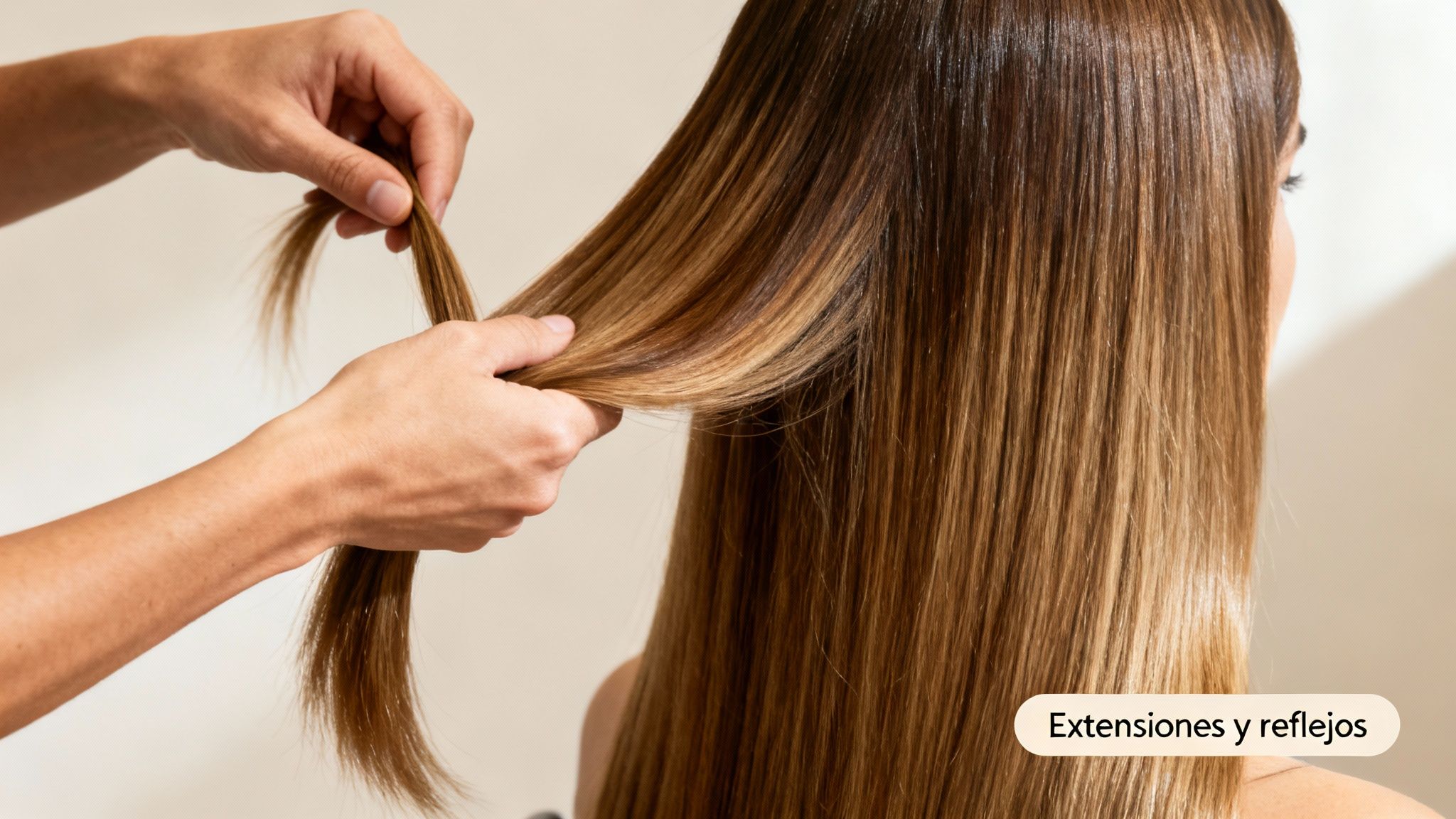 Manos estilizando cabello largo y brillante con extensiones y reflejos dorados en un salón.