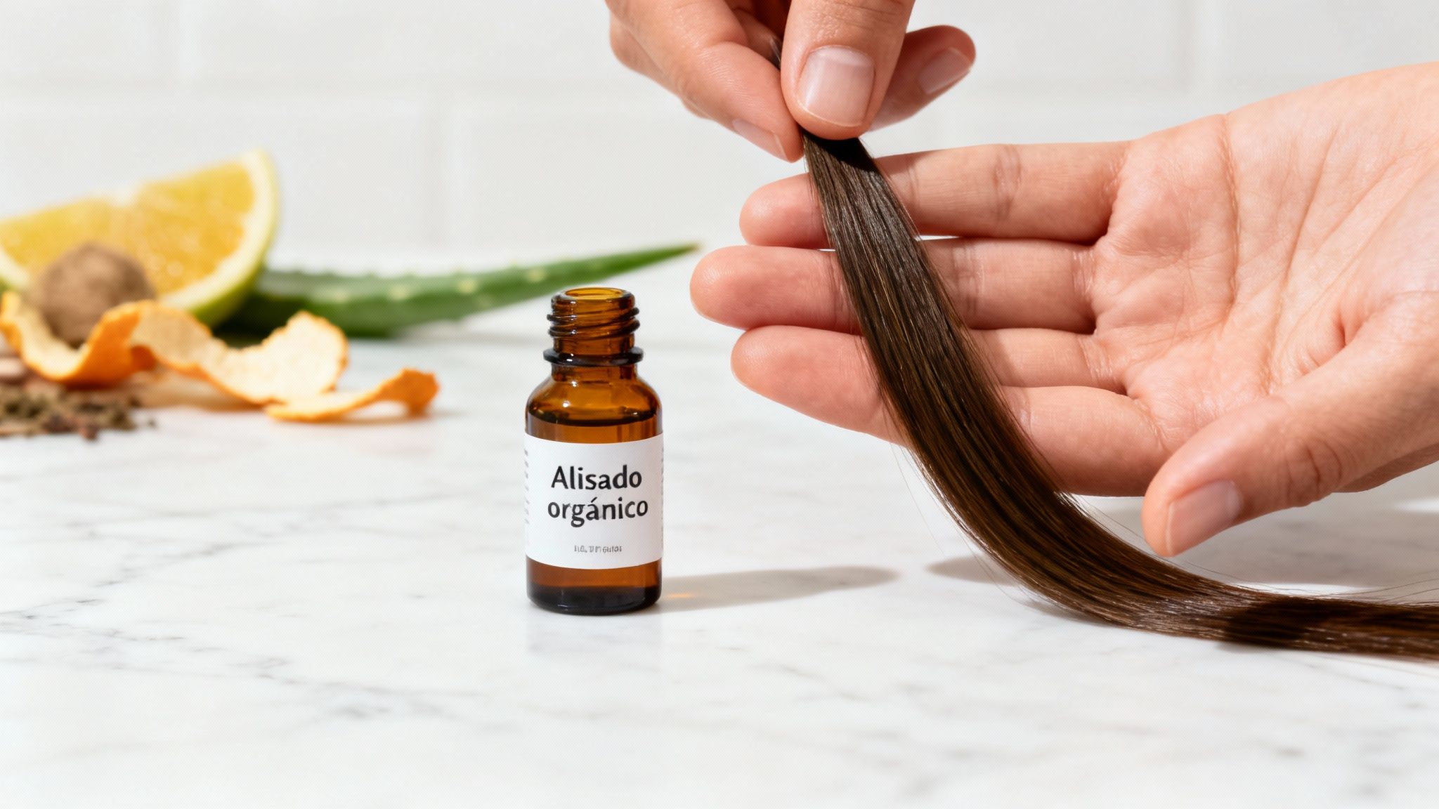 Manos sosteniendo un mechón de cabello castaño junto a una botella de 'Alisado orgánico' con ingredientes naturales.