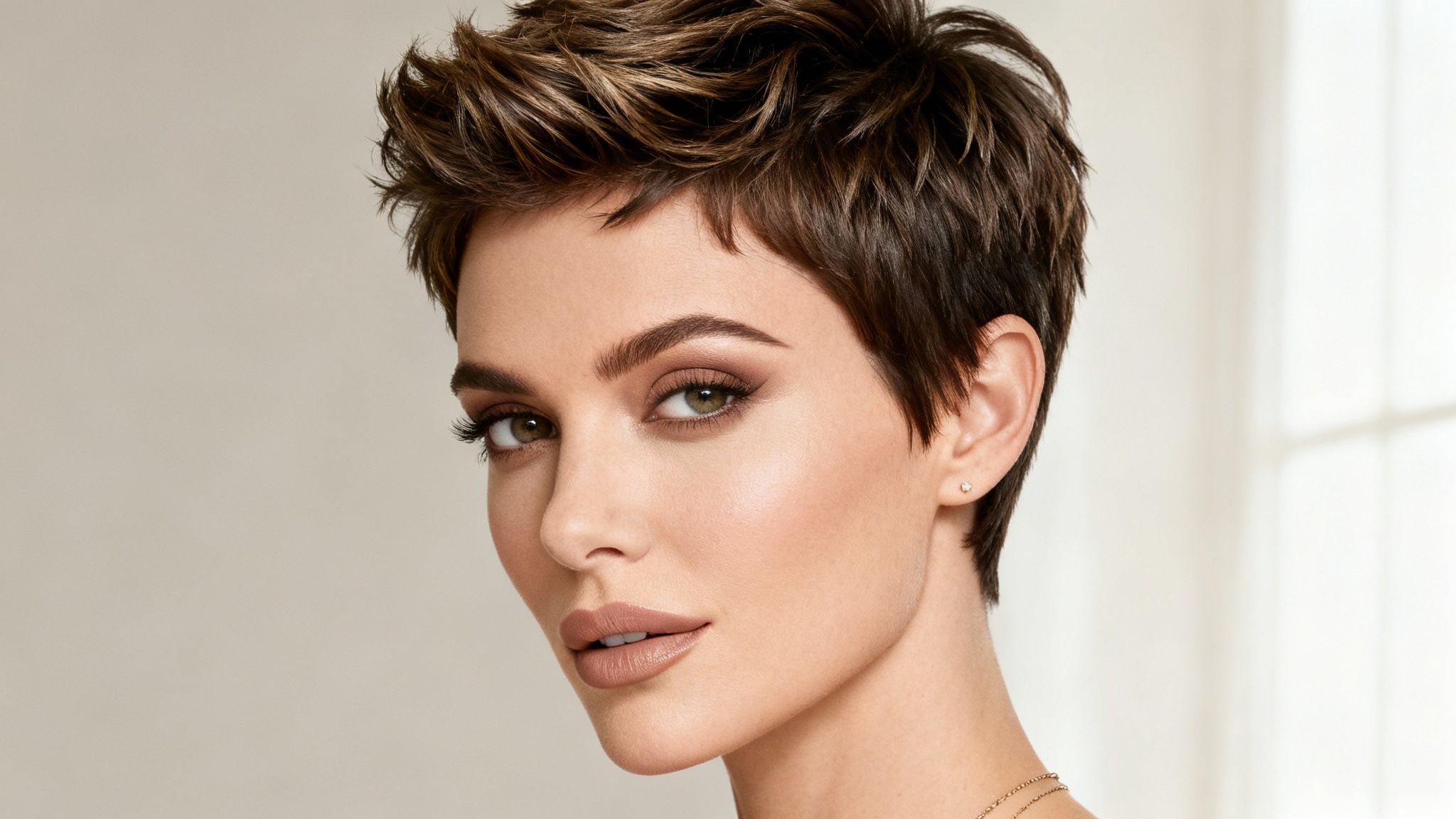 Primer plano de una mujer con cabello corto castaño, maquillaje natural y aretes discretos.