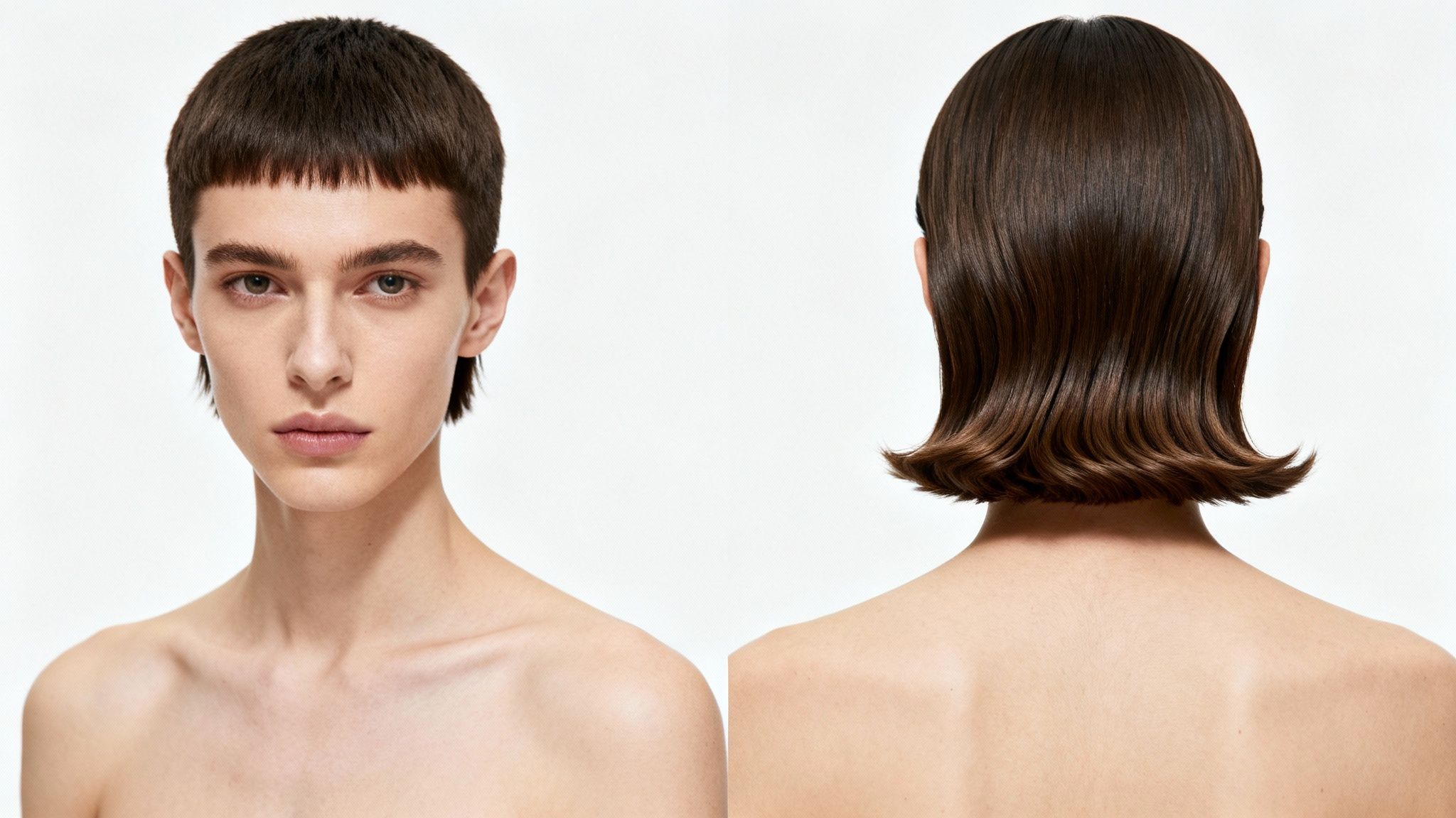 Mujer joven con dos estilos de cabello: un corte pixie frontal con flequillo y un bob ondulado trasero.