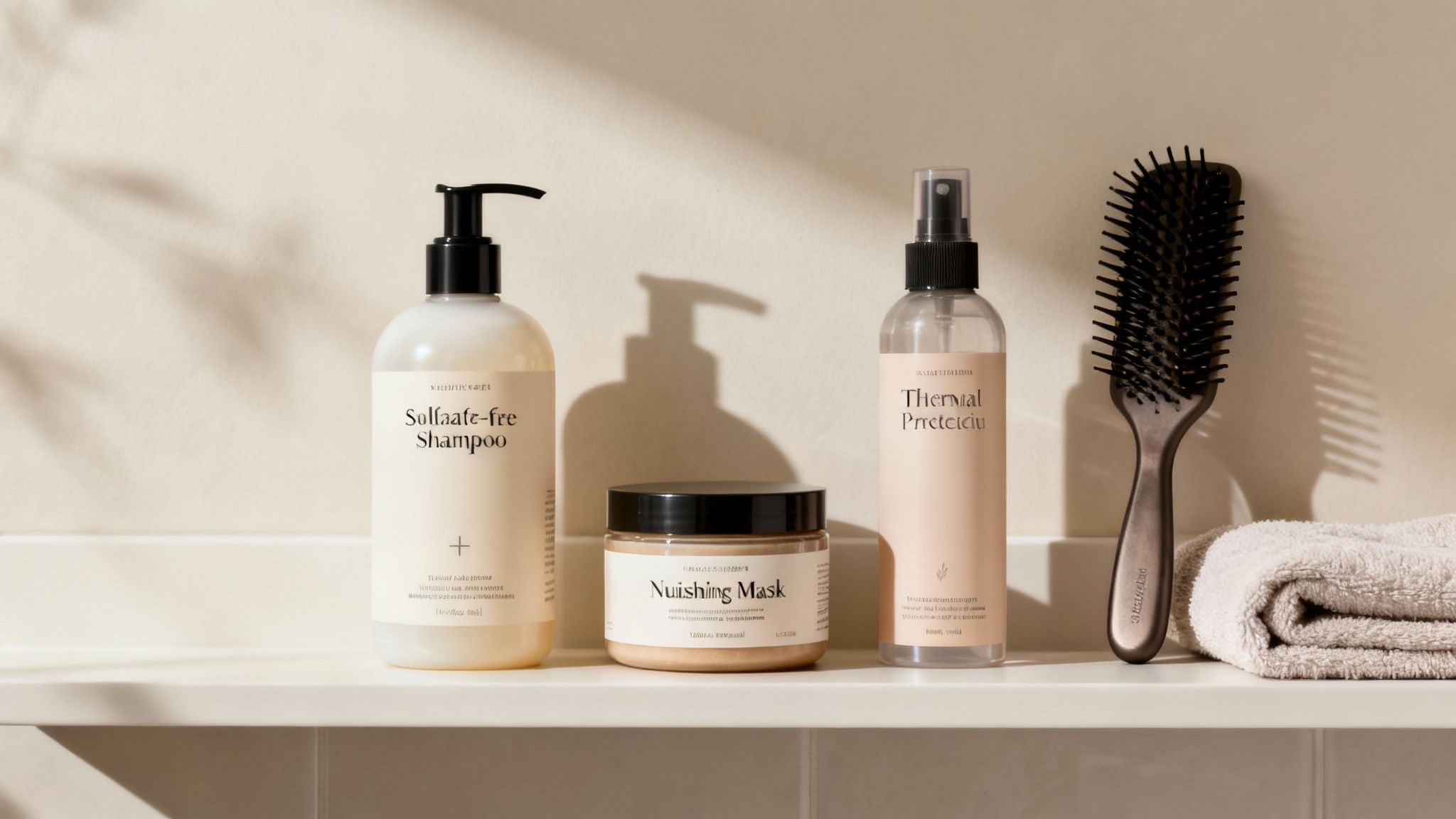 Productos para el cuidado del cabello en un estante: champú, mascarilla, protector térmico y cepillo.
