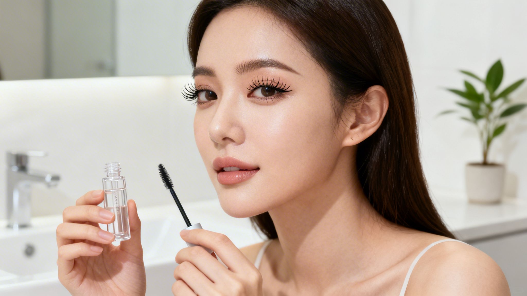 Mujer joven con pestañas largas y maquilladas aplica rímel transparente en el baño.