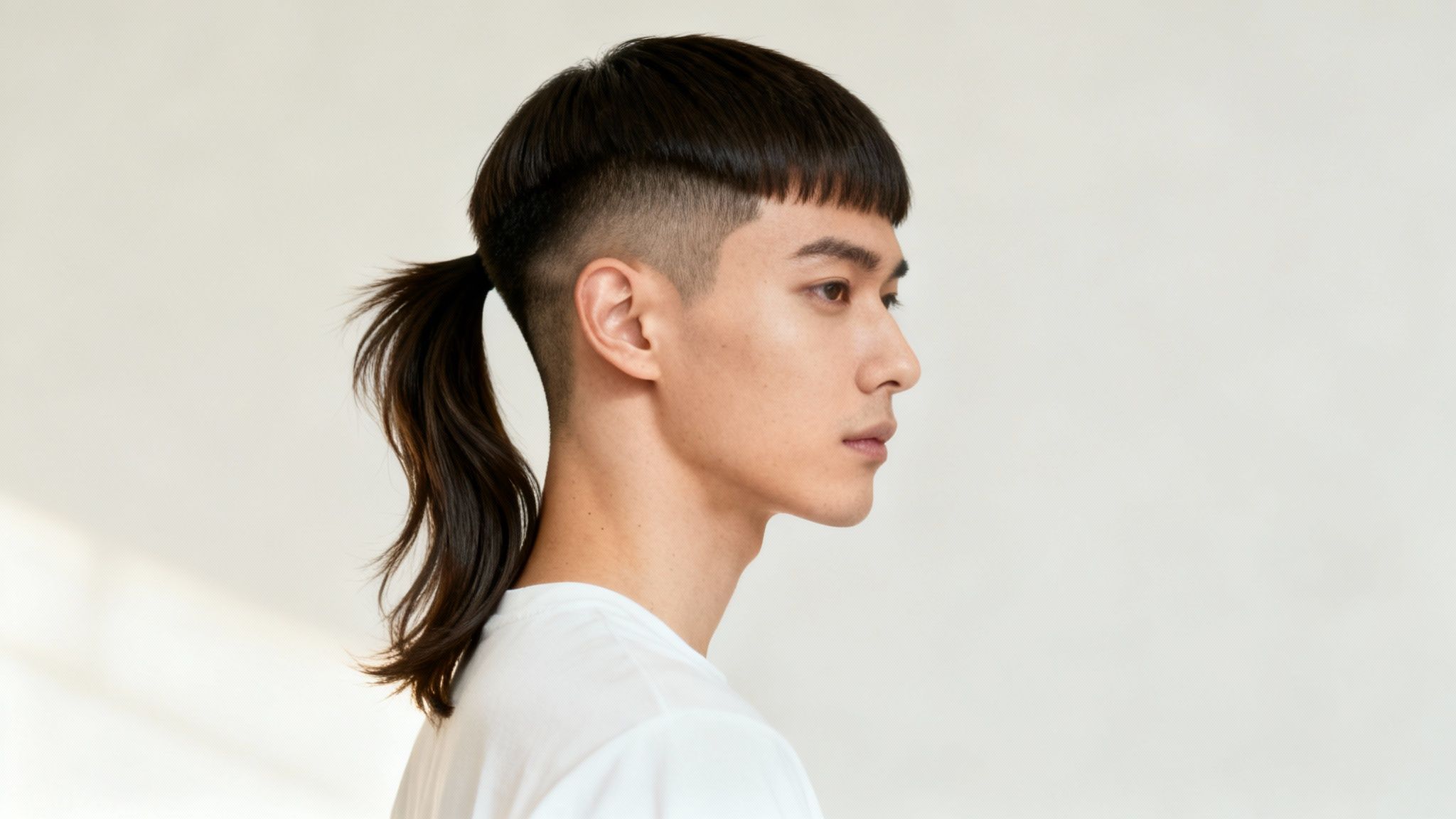 Perfil de un hombre con corte de tazón, lados rapados y cola de caballo larga.