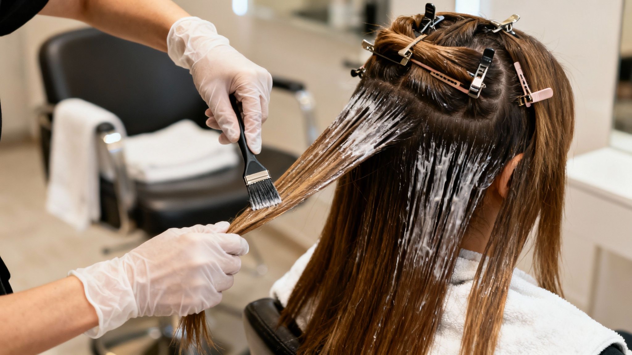 Manos enguantadas de estilista aplican producto para teñir el cabello a clienta en salón de belleza.