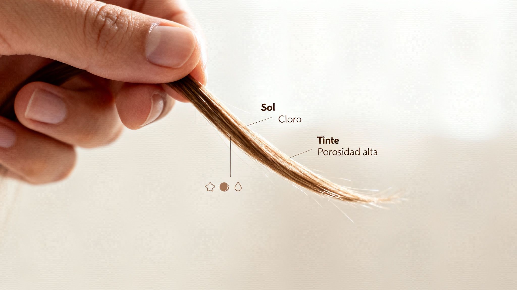 Mano sujetando un mechón de pelo con etiquetas que indican daño por sol, cloro y tinte, mostrando alta porosidad.
