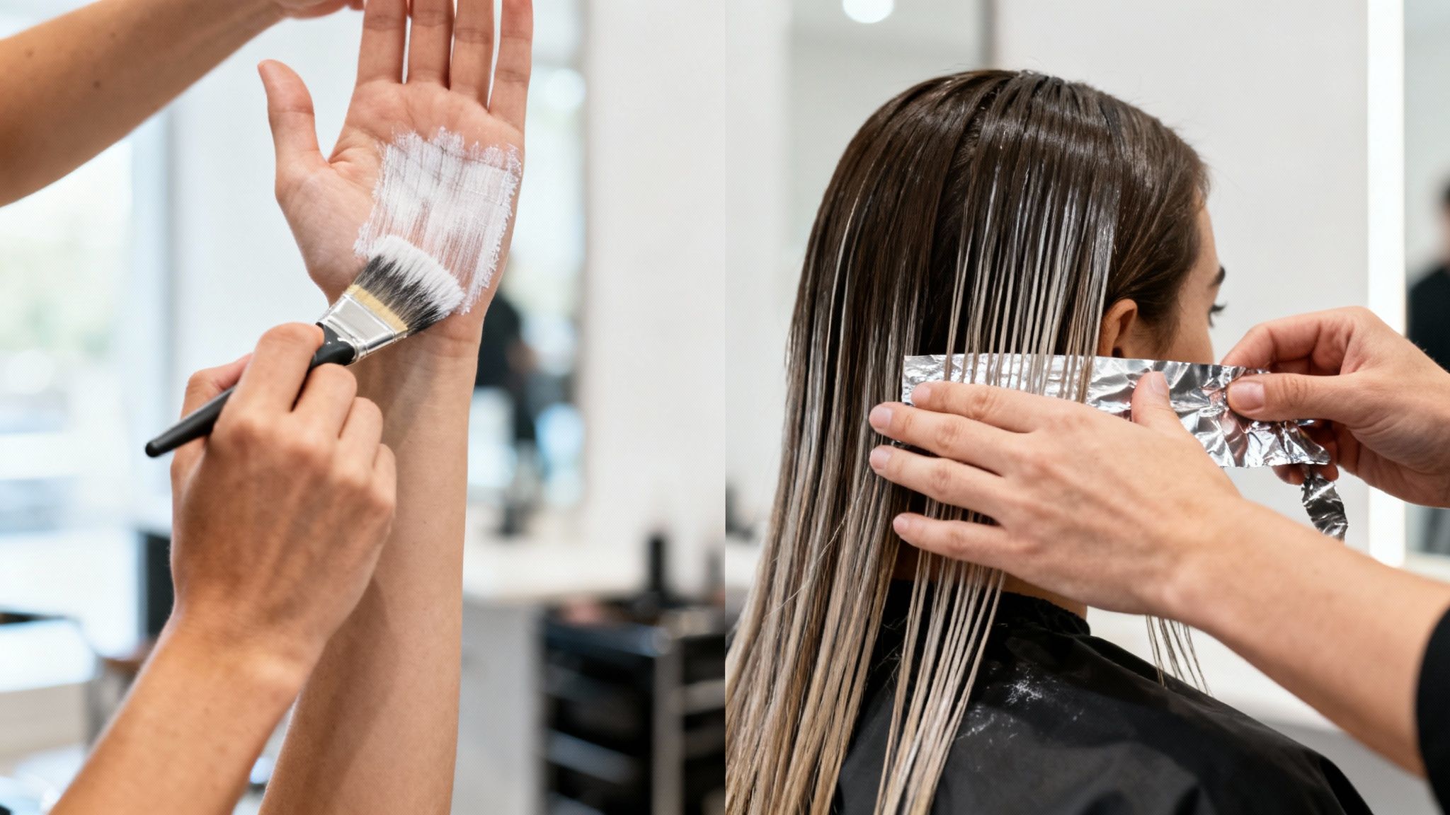 Estilista aplicando color a mano alzada sobre el cabello de una clienta.
