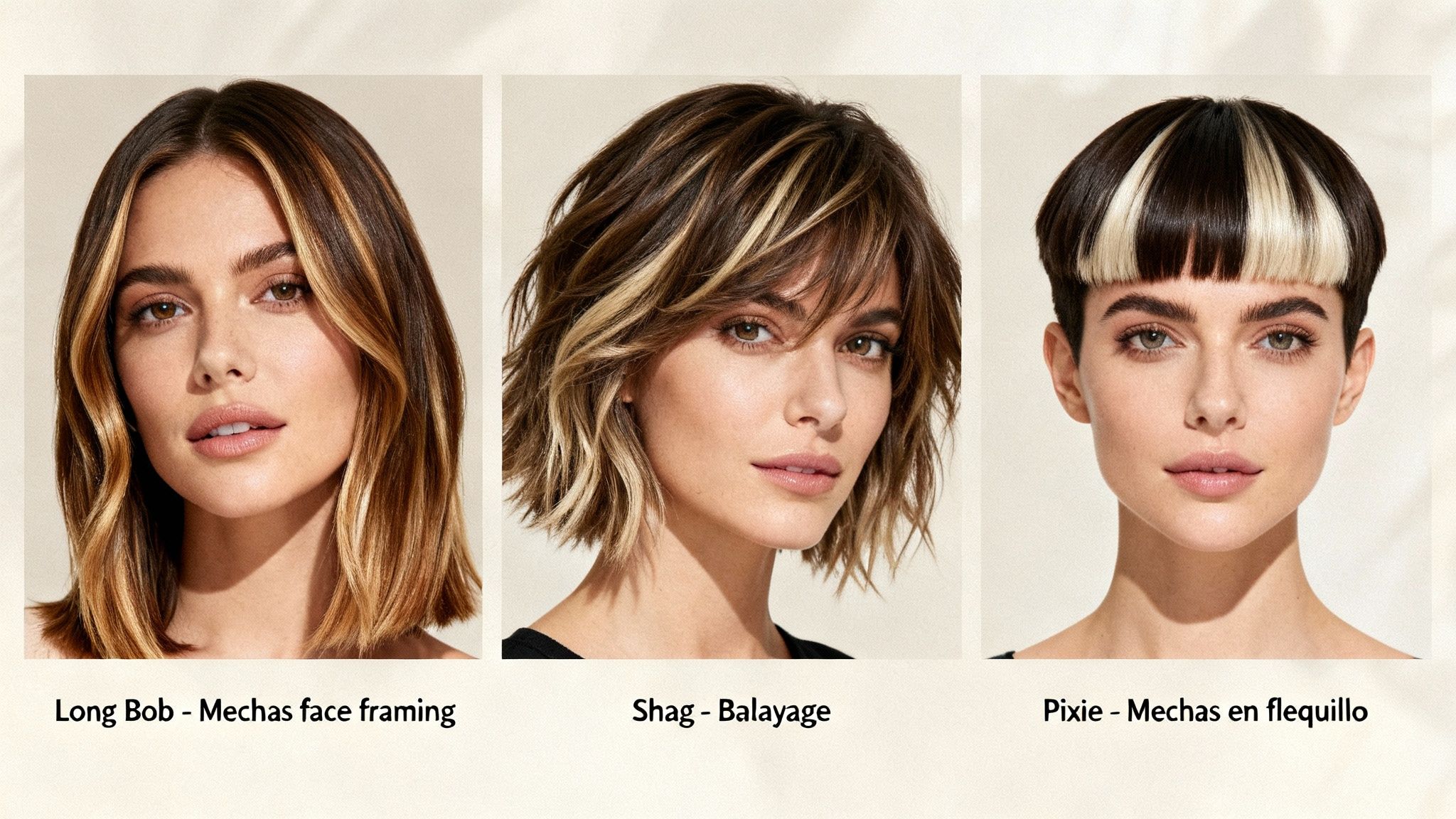 Tres mujeres con peinados modernos: long bob, shag y pixie con diferentes mechas.