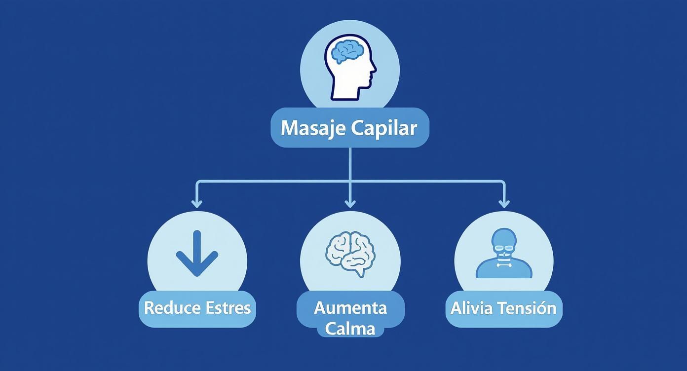 Diagrama: el masaje capilar reduce el estrés, aumenta la calma y alivia la tensión.