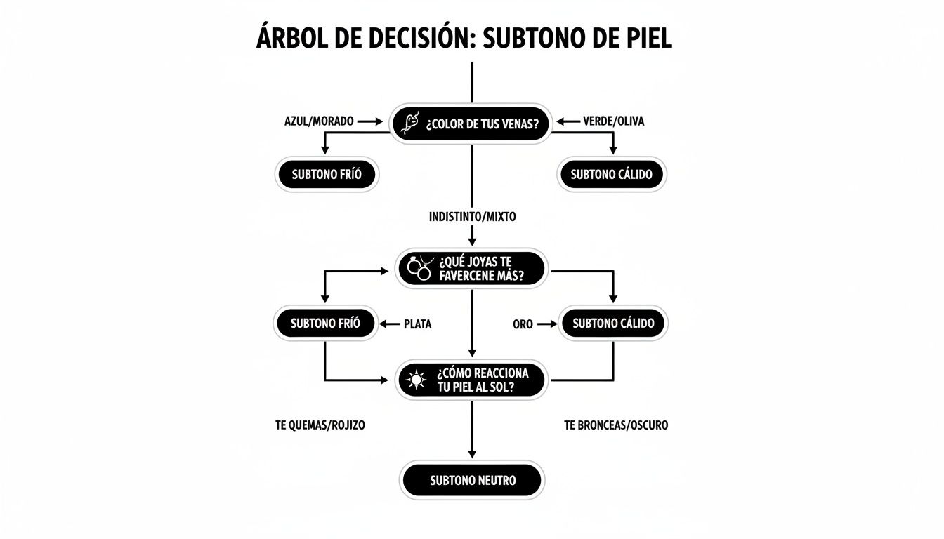 Árbol de decisión para determinar el subtono de piel basado en el color de las venas, las joyas y la reacción al sol.